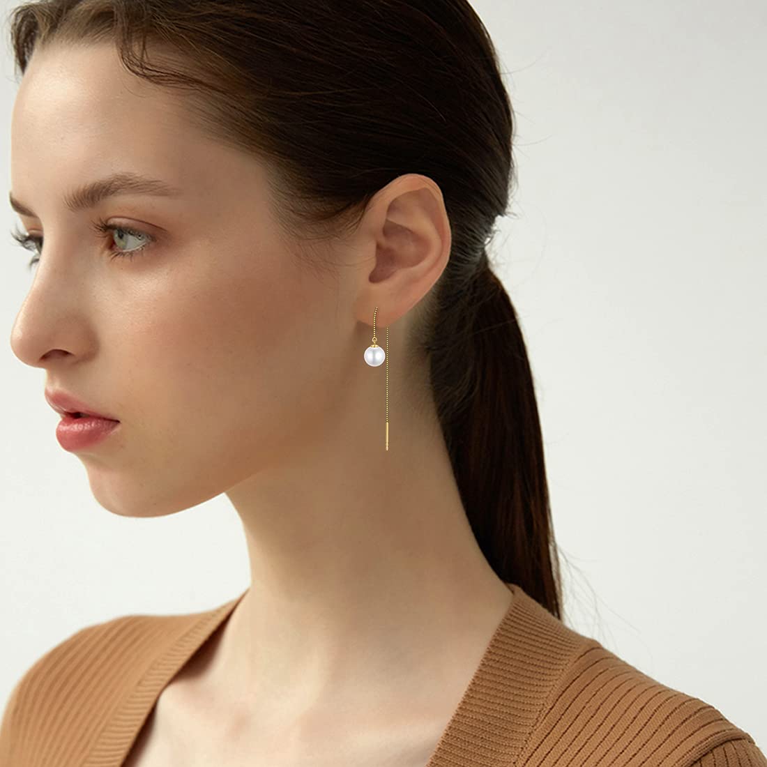 14Kt Solid Gold Pearl Dangle Earrings for Women - Elegant Freshwater Cultured Pearl Threader Drop Earrings with Durable Gold Box Chain | Perfect Gift for Her, Birthday, Anniversary & Special Occasions
