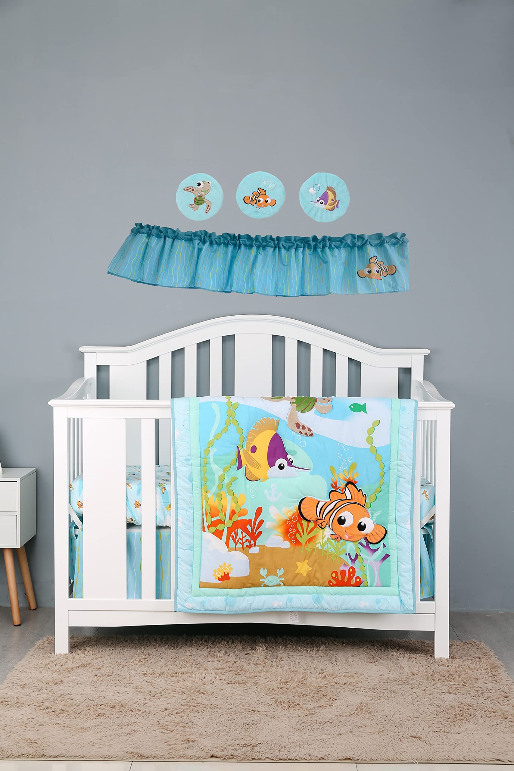 7-Piece Ocean Themed Baby Crib Bedding Set - Turtle & Clownfish Embroidery, Includes Quilt, Fitted Sheet, Skirt, Valance & 3 Wall Decor (Nursery, Baby Girl & Boy) | Perfect for Underwater-Themed Nursery Decor & Newborn Gifts