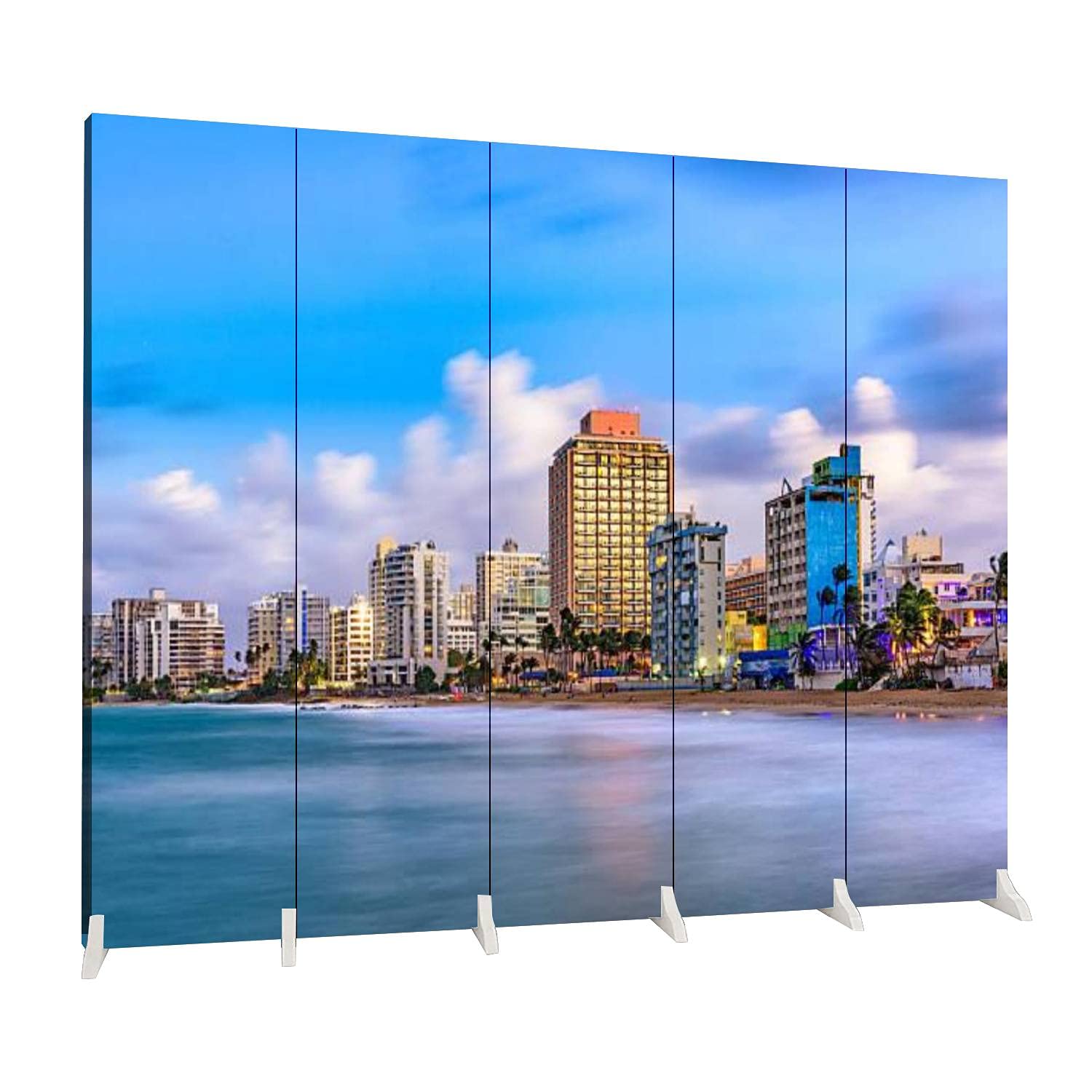 Dola-Dola 5-Panel Folding Room Divider with San Juan Beach Skyline Print - Freestanding Canvas Privacy Screen for Home, Office & Events - Indoor Space Separator & Decorative Wall Partition
