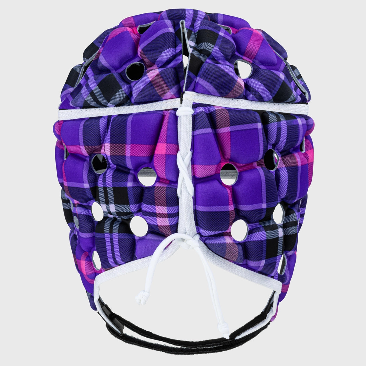 Kids Rugby Head Guard - Body Armour Ventilator Helmet in Purple Tartan for Youth Sports Safety | Perfect for Rugby, Football & Contact Sports Training