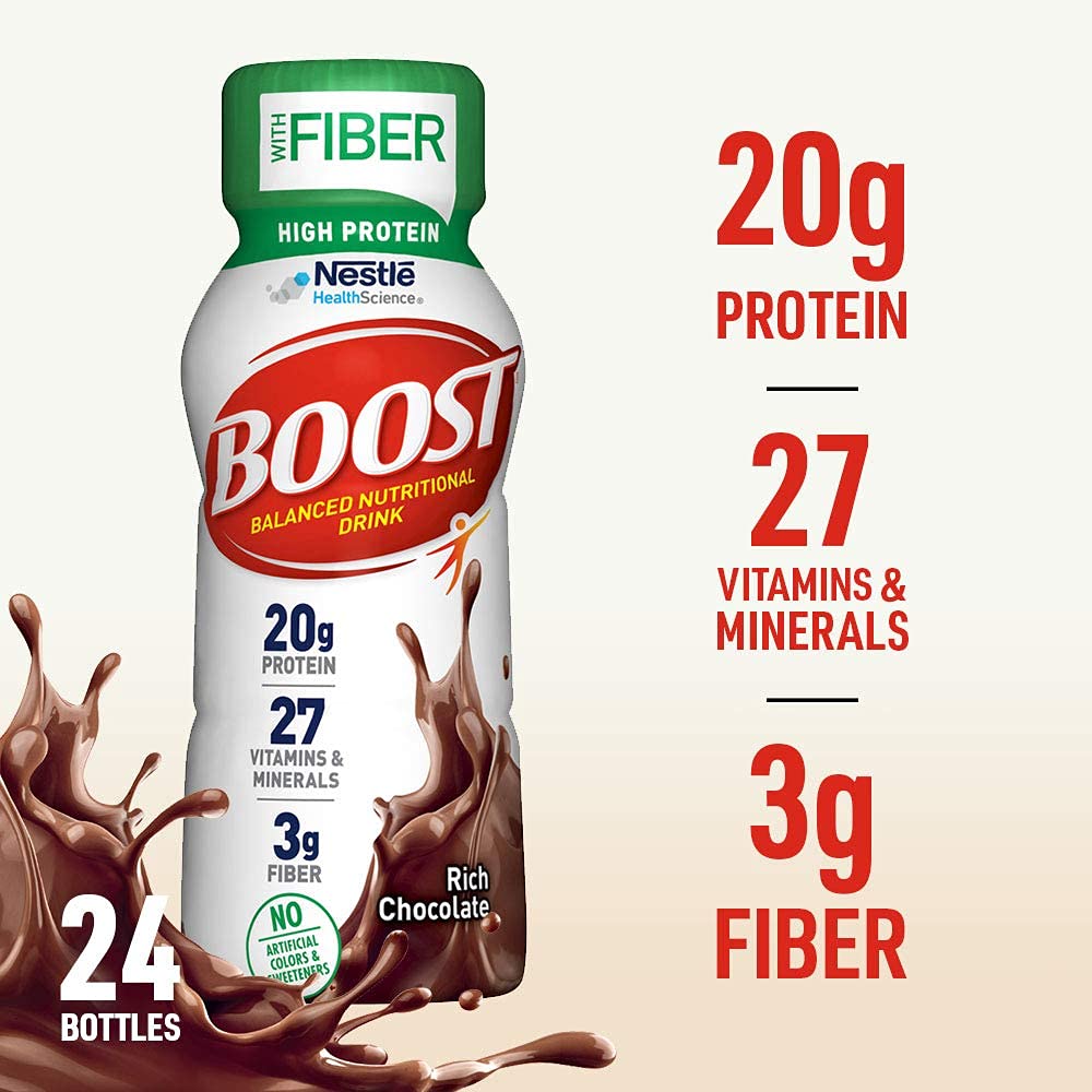 BOOST High Protein with Fiber Complete Nutritional Drink - 8 fl oz Bottles, 24 Rich Chocolate & 24 Very Vanilla (48 Pack) | Meal Replacement for Weight Management, Post-Workout Recovery & Senior Nutrition
