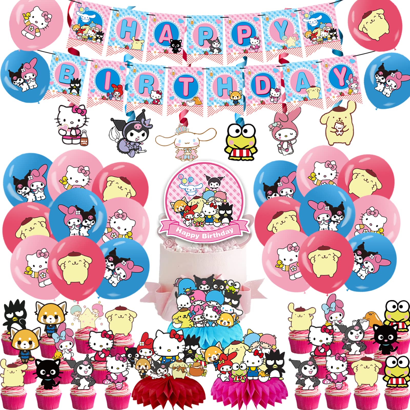 59 Pcs Kawaii Birthday Party Supplies Set - Cute Happy Birthday Banner, Cake Topper, Cupcake Toppers, Balloons & Decorations for Girls Kids | Perfect for Birthday Parties, Baby Showers & Celebrations