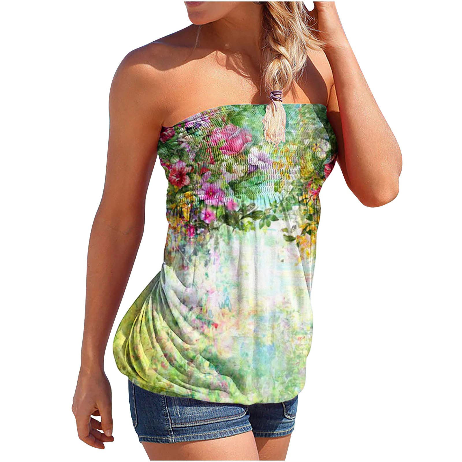Women's Off Shoulder Tank Tops - Star & Stripes Print Strapless Tube Tops for Summer, Beach, Vacation & Casual Wear | Bandeau Holiday Tops for Women | Perfect for Pool Parties, Music Festivals & Tropical Getaways