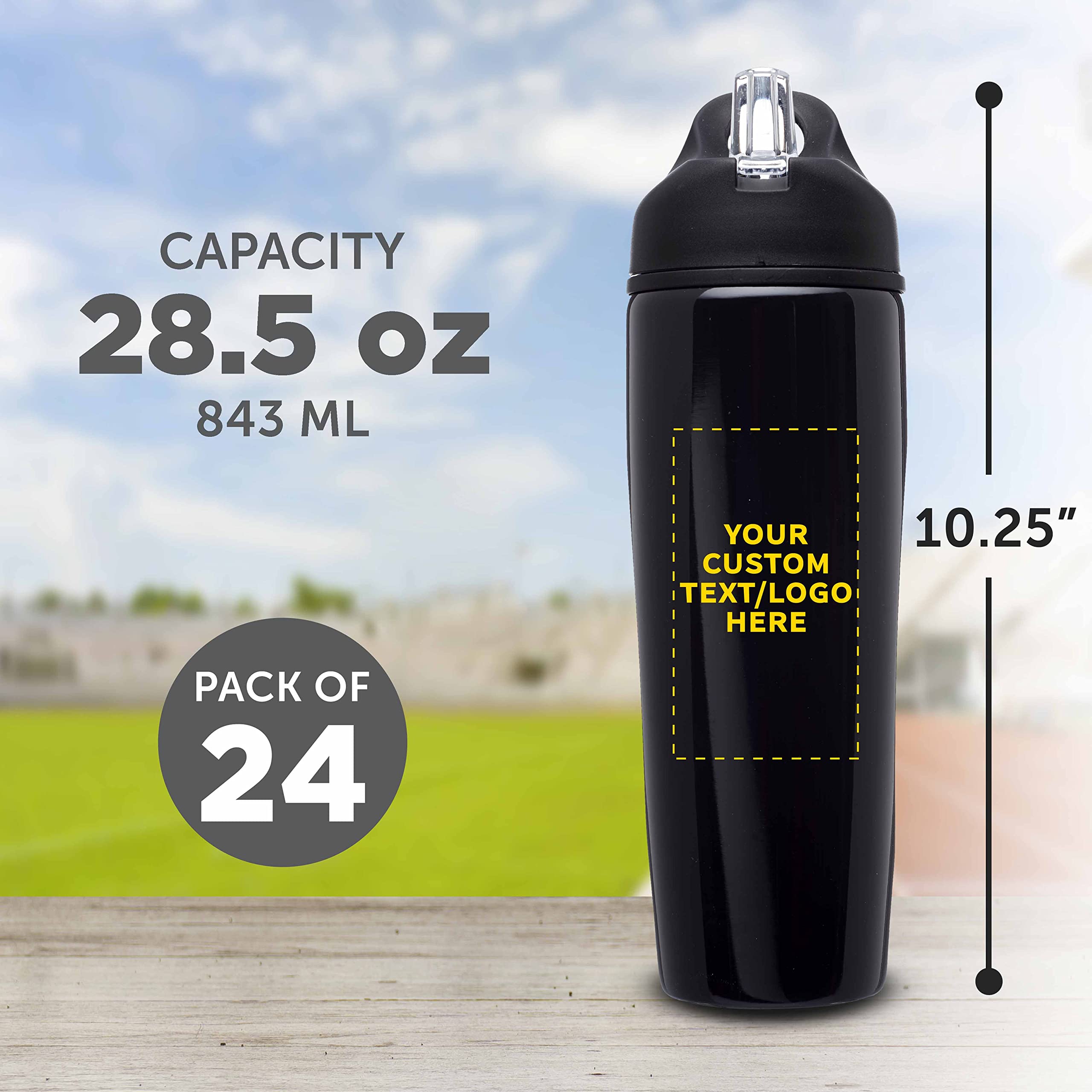 Custom Stainless Steel Water Bottle 24 Pack - Personalized Text & Logo - 28.5oz Metal Sports Bottles with Flip Top Lid - Easy Carry Handle - Black - Perfect for Team Sports, Gym, Outdoor Activities & Corporate Gifts