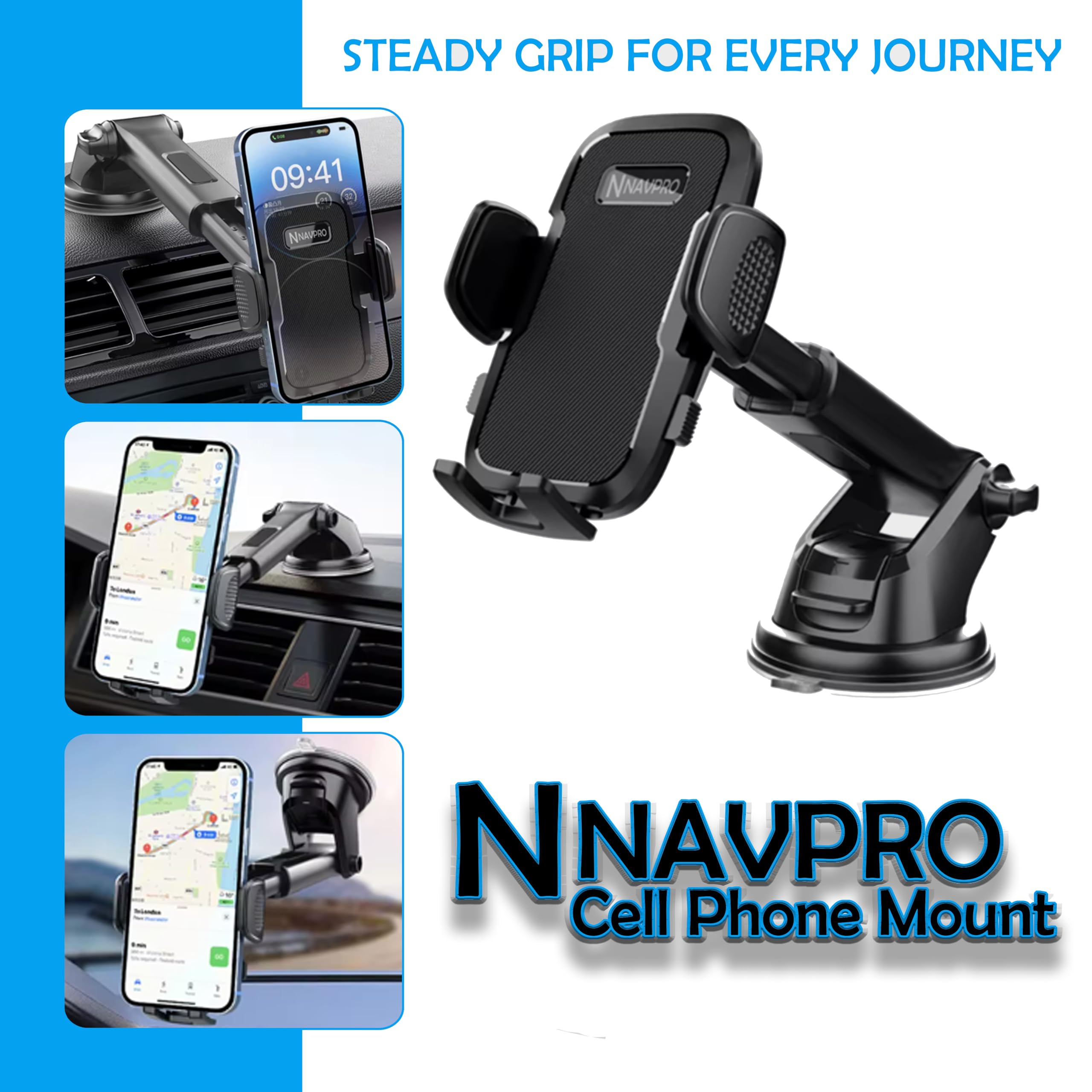 NAVPRO Universal Car Phone Mount - 60+ Pounds Strong Suction Cup Dashboard & Windshield Phone Holder Stand for iPhone, Samsung, Pixel - Perfect for Commuting, Road Trips & GPS Navigation