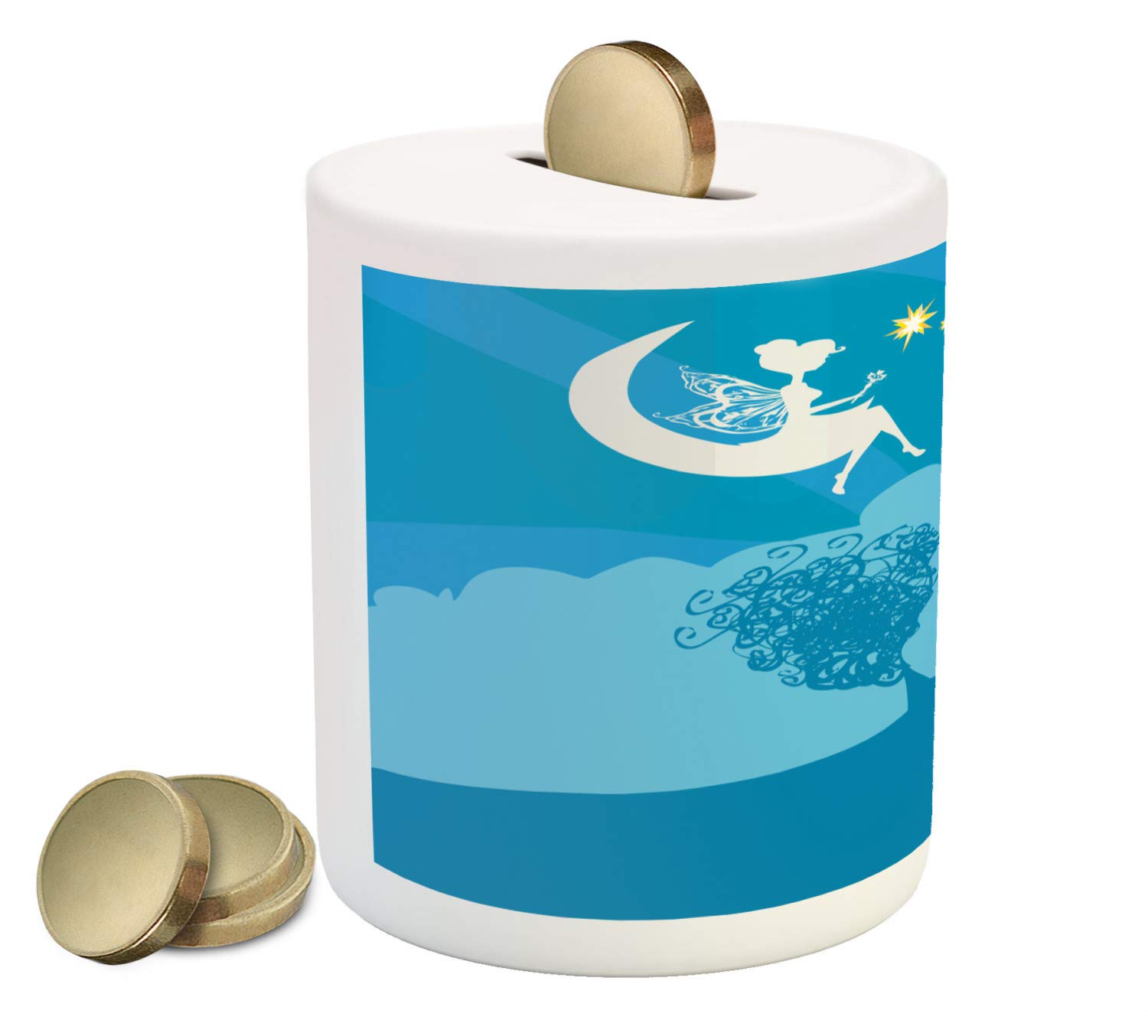 Ambesonne Fantasy Piggy Bank - Ceramic Coin Bank with Cartoon Castle & Pixie on Moon, Money Box for Cash Saving (3.6