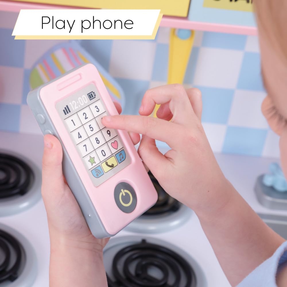 KidKraft Large Wooden Play Kitchen for Kids - Pastel Design with Turning Knobs, See-Through Doors & Play Phone - Pretend Cooking Toy for Ages 3+ - Perfect for Imaginative Play & Birthday Gifts