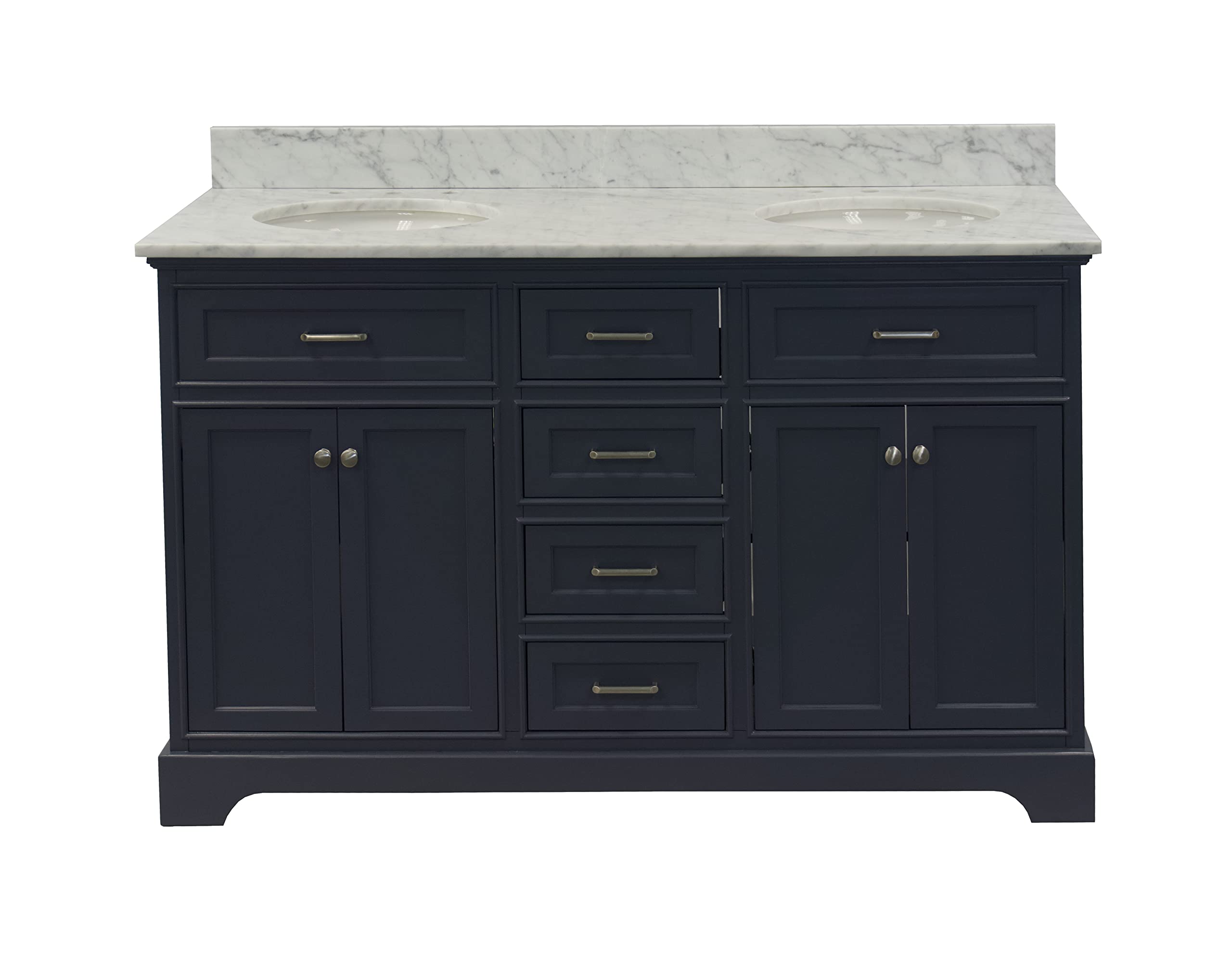 Aria 60-inch Double Bathroom Vanity with Carrara Marble Top & Gray Cabinet - White Ceramic Sinks | Modern Bathroom Storage for Master & Guest Bathrooms | Durable Italian Marble Countertop & Spacious Design