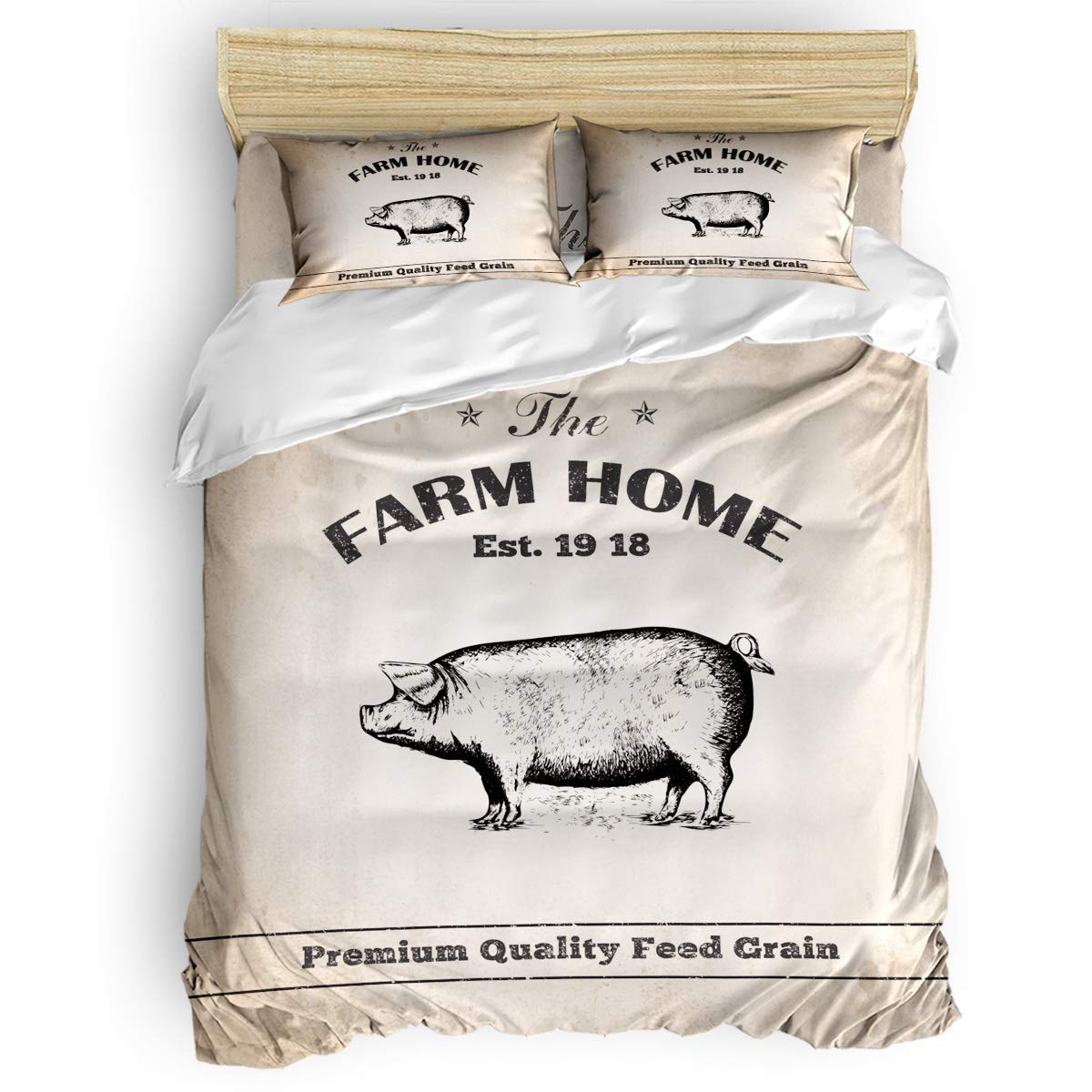 Vintage Farm Animal 4-Piece Queen Bedding Set - Pig & Livestock Themed Comforter Cover, Fitted Sheet, Flat Sheet & 2 Pillowcases for Kids' Room Decor | Cozy Farmhouse Bedroom for Boys & Girls | Perfect for Themed Bedrooms, Farmhouse Decor & Children's Sleepovers