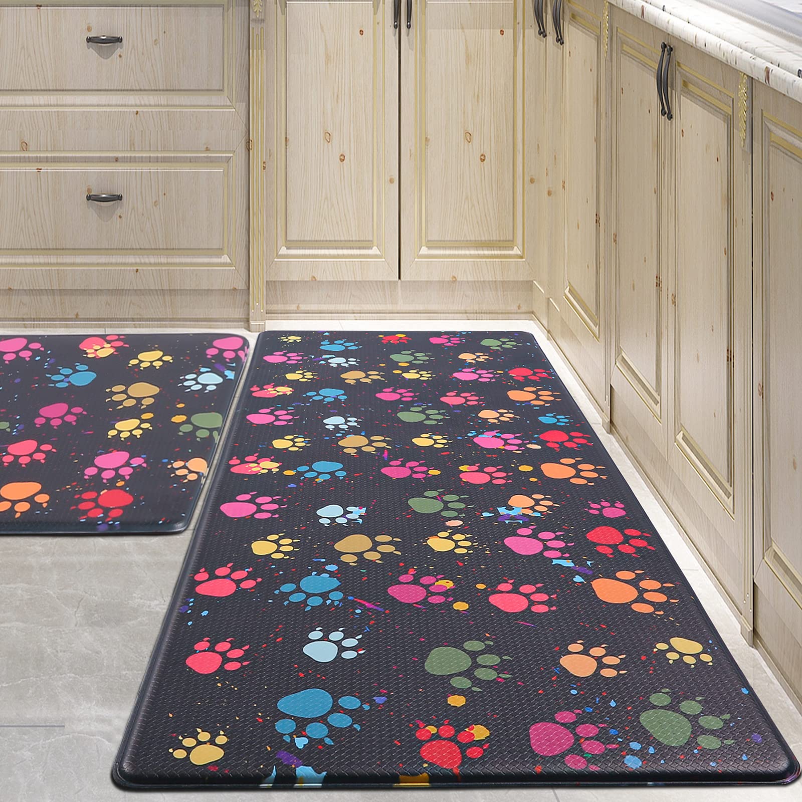 **2-Piece Non-Slip Anti-Fatigue Kitchen Floor Mats - Cushioned Standing Mat for Home, Office, Sink & Laundry - Colorful Paws Design (Perfect for Cooking, Dishwashing & Long Standing Work)**