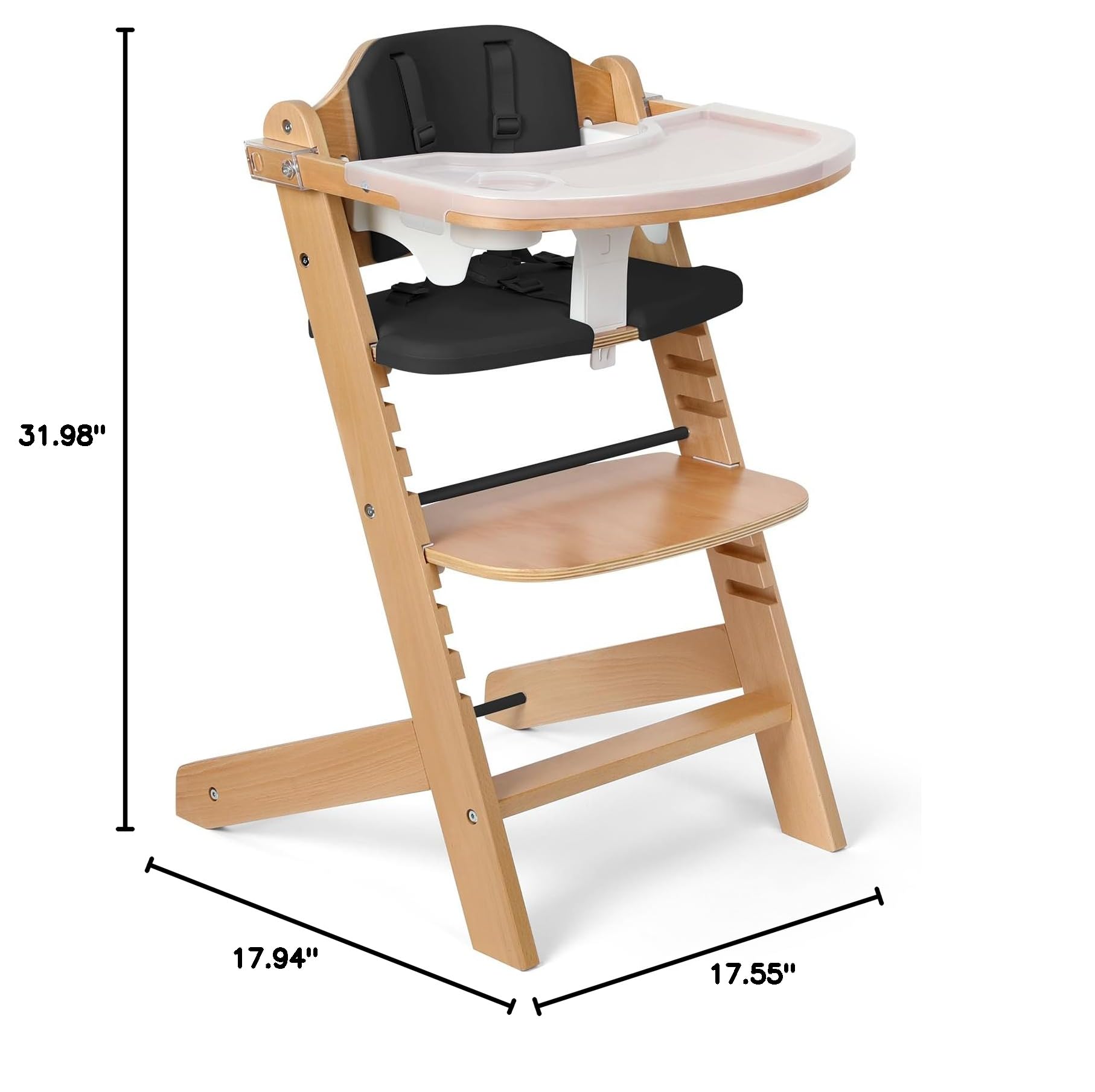 Cowiewie Natural Wooden High Chair for Babies & Toddlers - 3-Tier Removable Tray, 8 Adjustable Heights with Cushions, Easy to Clean Baby Feeding Chair (Black) | Perfect for Dining, Weaning & Playtime