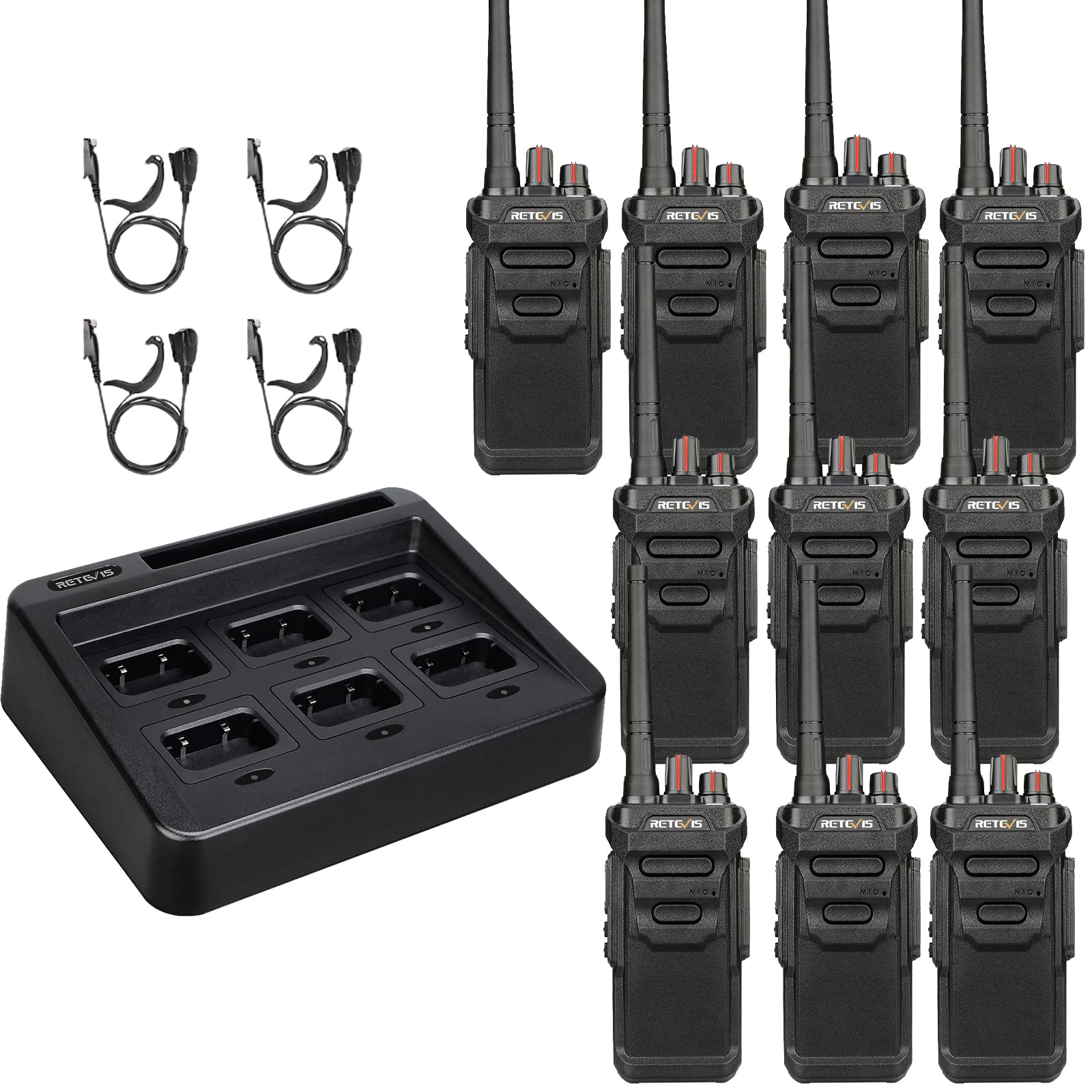 Retevis RT48 Waterproof Walkie Talkies - 10 Pack with 6-Way Charger, VOX, Emergency Alarm & Earpieces - License-Free Two Way Radios for Outdoor Adventures, Construction Sites & Emergency Preparedness