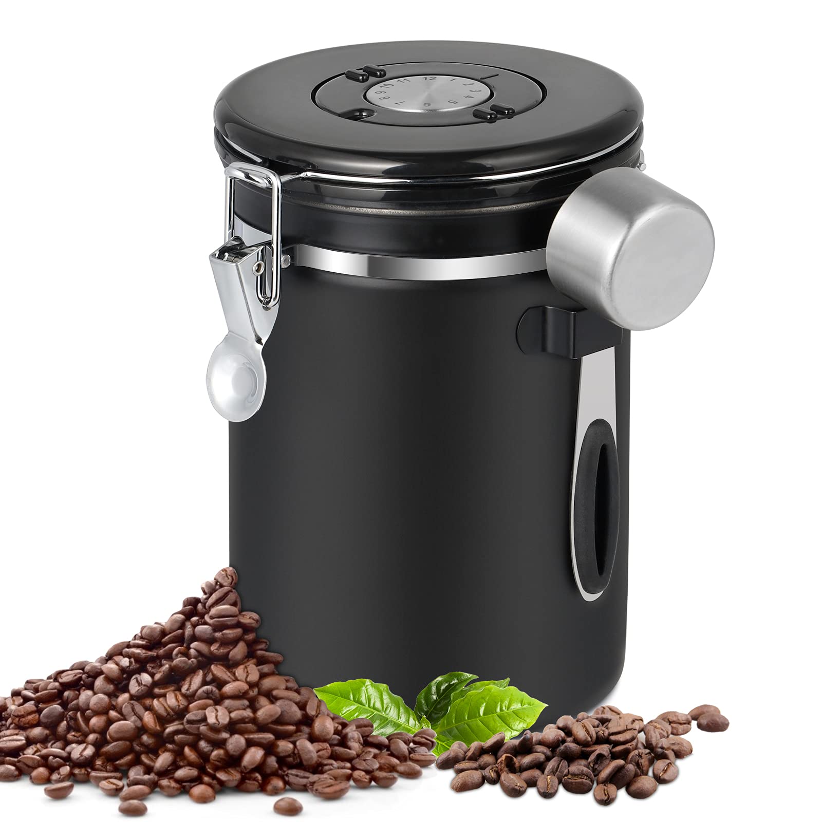Stainless Steel Airtight Coffee Canister with Date Tracker & Scoop - 22 oz Black Coffee Storage Container for Grounds & Beans - Perfect for Kitchen, Pantry & Office Use