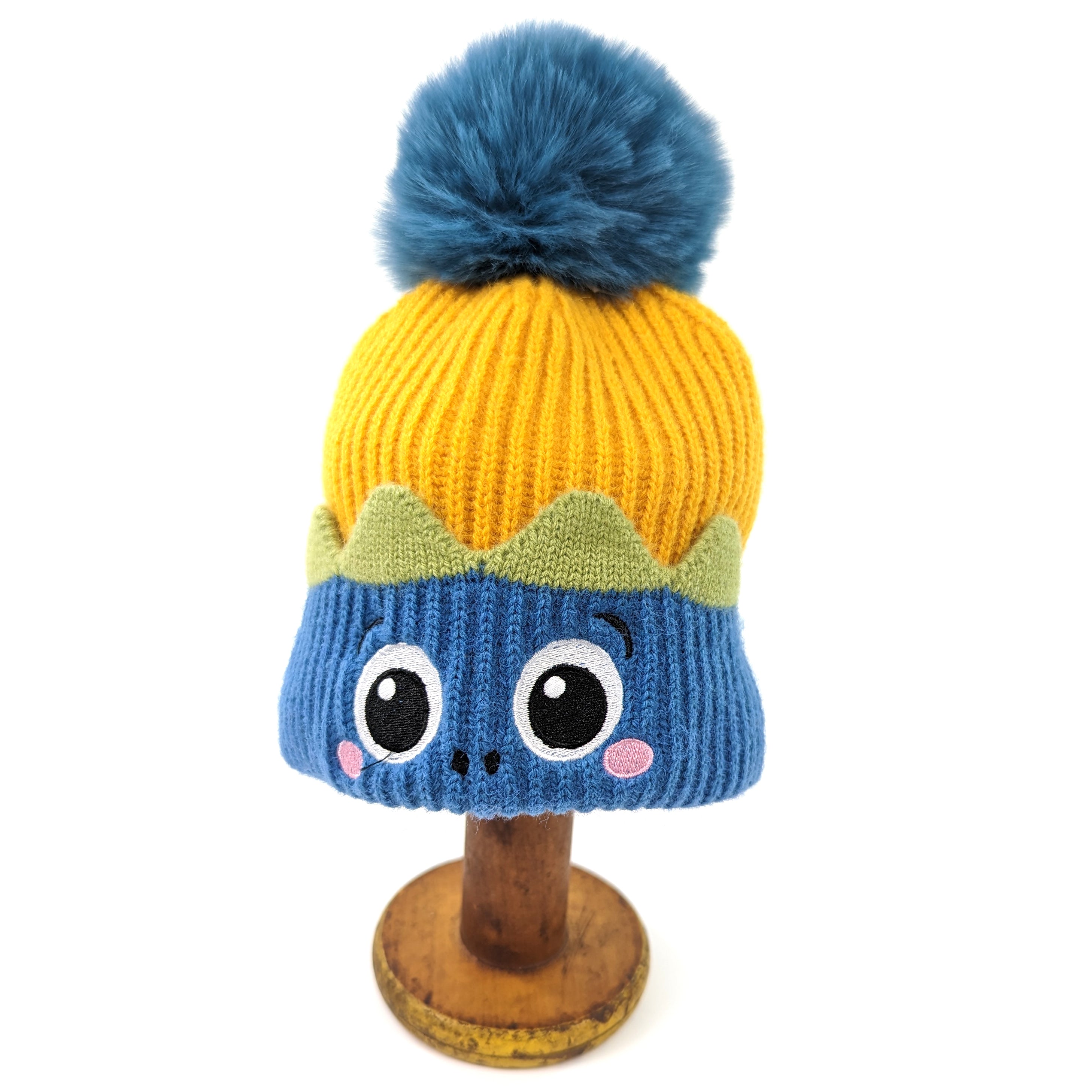 Kids Monster Bobble Hat - Blue & Yellow Winter Beanie for Boys & Girls (Ages 2-8) | Warm Cute Animal Ear Hat for Outdoor Play, Snow Days & Christmas Photos