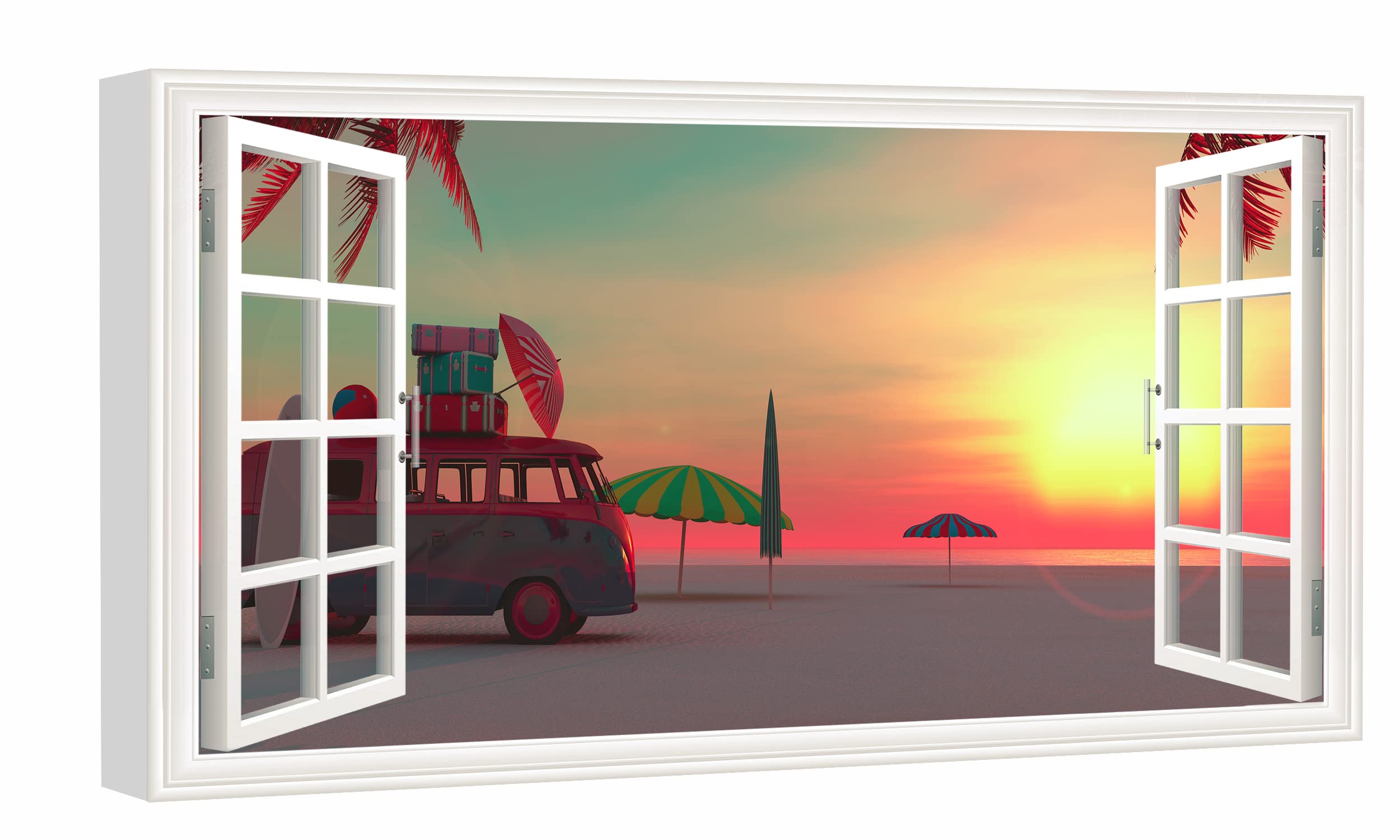 Minimalist Picnic Van Beach Canvas Art - Fake Open Window Wall Decor for Living Room, Office, Bedroom - Ready to Hang - Perfect for Coastal, Boho & Farmhouse Home Decor