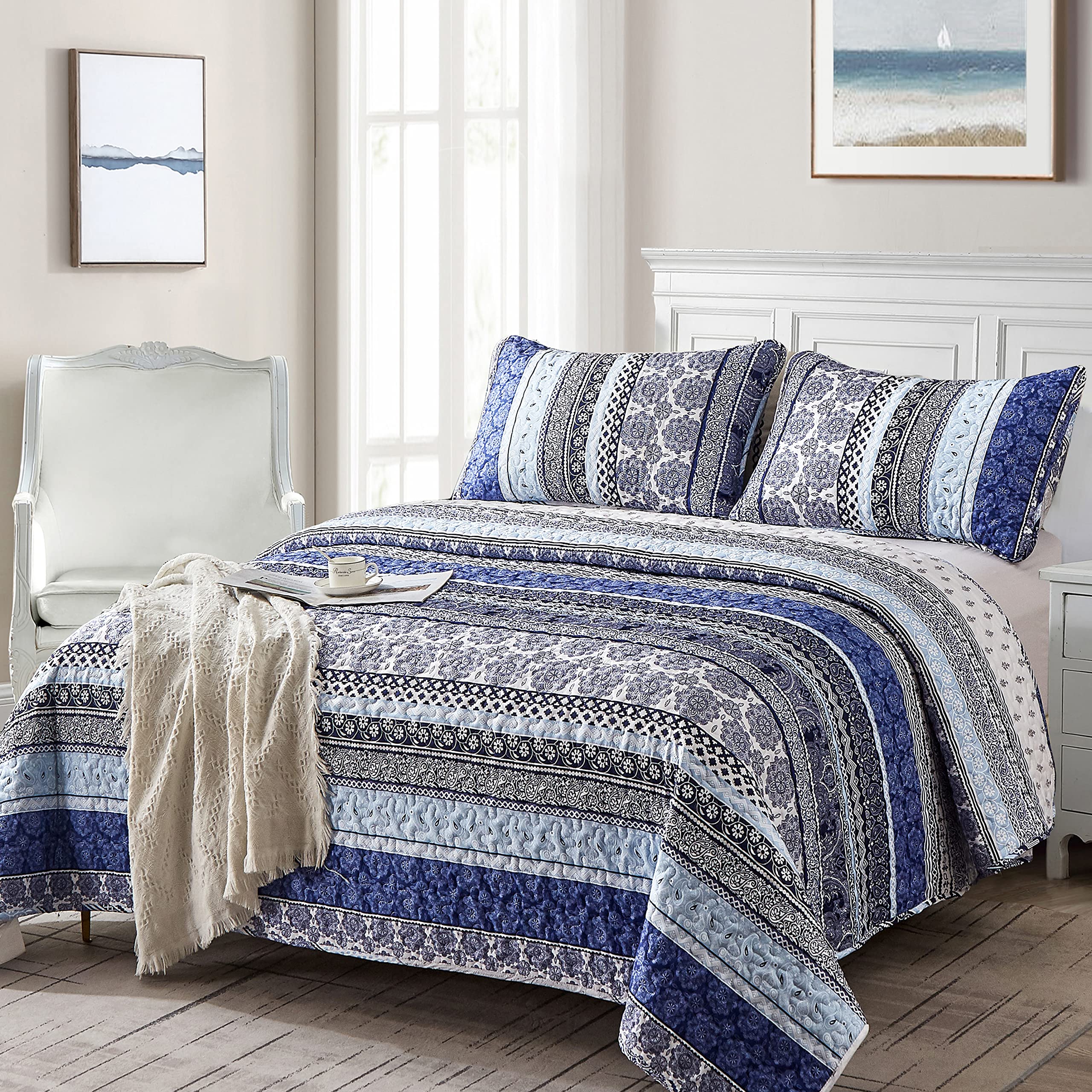 WONGS BEDDING King Size Boho Quilt Set - Blue Bohemian Style Lightweight Bedspread (3 Pieces, 103