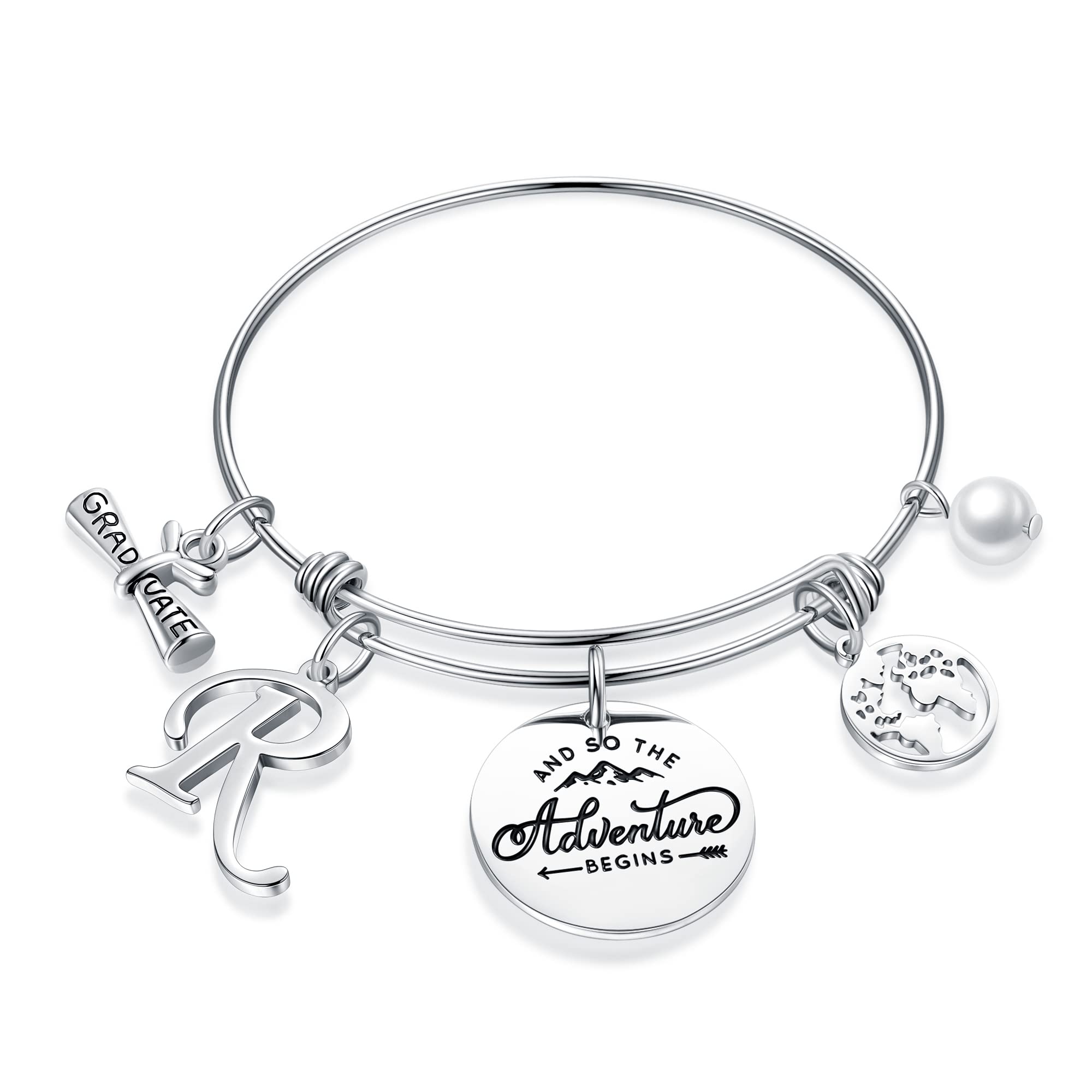 Graduation Charm Bracelet for Her - 'And So The Adventure Begins' Quote, Hammered Disc with Initial, Earth World Map Bangle - Perfect High School & College Graduation Gift for Women (Ideal for Preschool to University Celebrations)