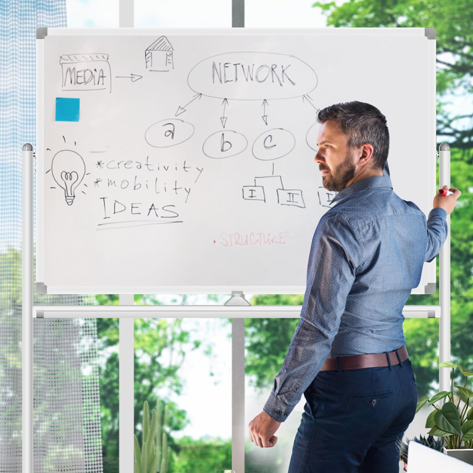 43x31 Large Portable Magnetic Whiteboard - Double-Sided Dry Erase Rolling Whiteboard with Wheels | Mobile Standing Whiteboard for Home, Office & School | Perfect for Presentations, Brainstorming & Classroom Teaching