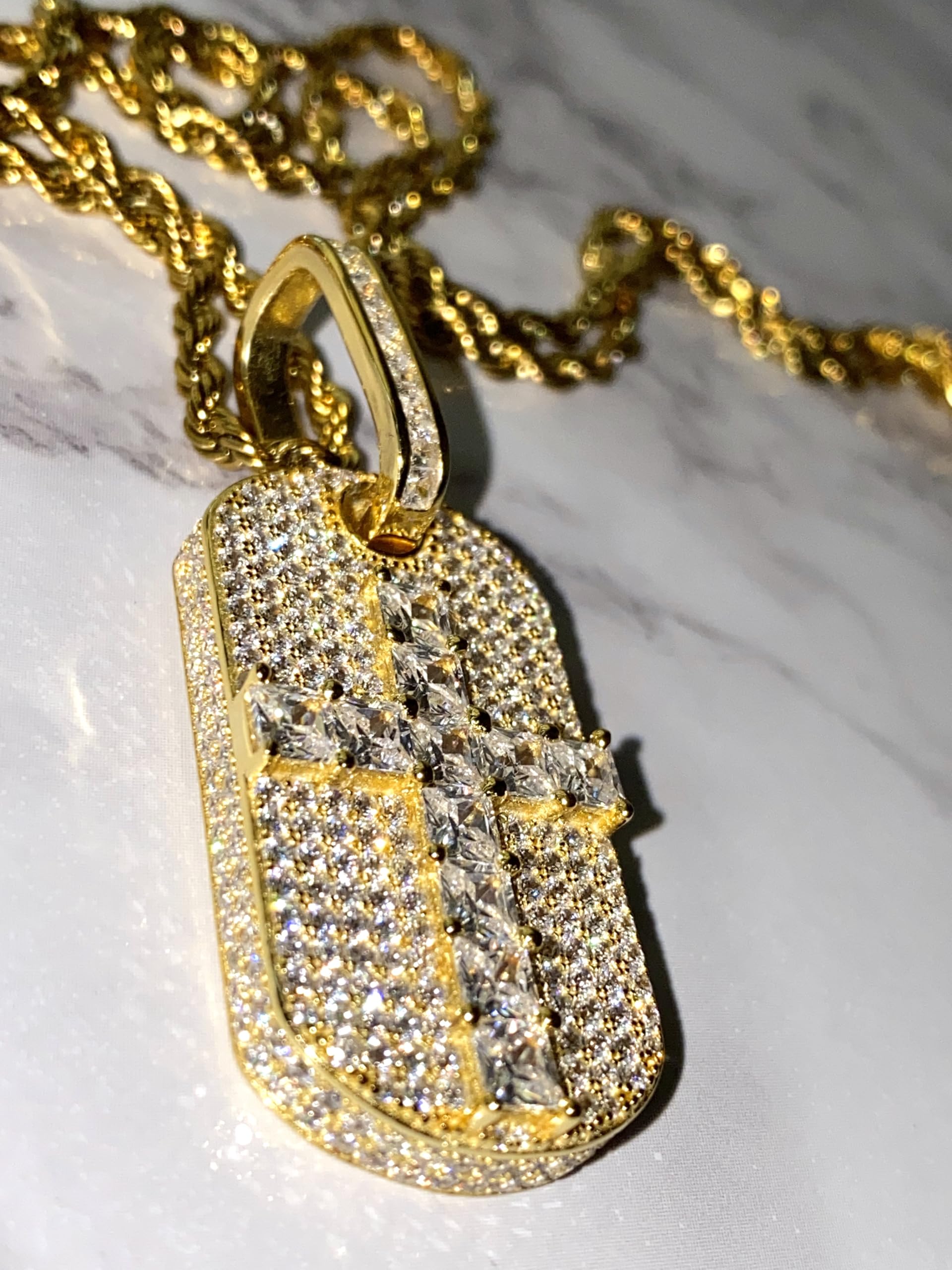 925 Sterling Silver Iced Out Baguette Cross Dog Tag Pendant with 2mm Stainless Steel Rope Chain Necklace (16