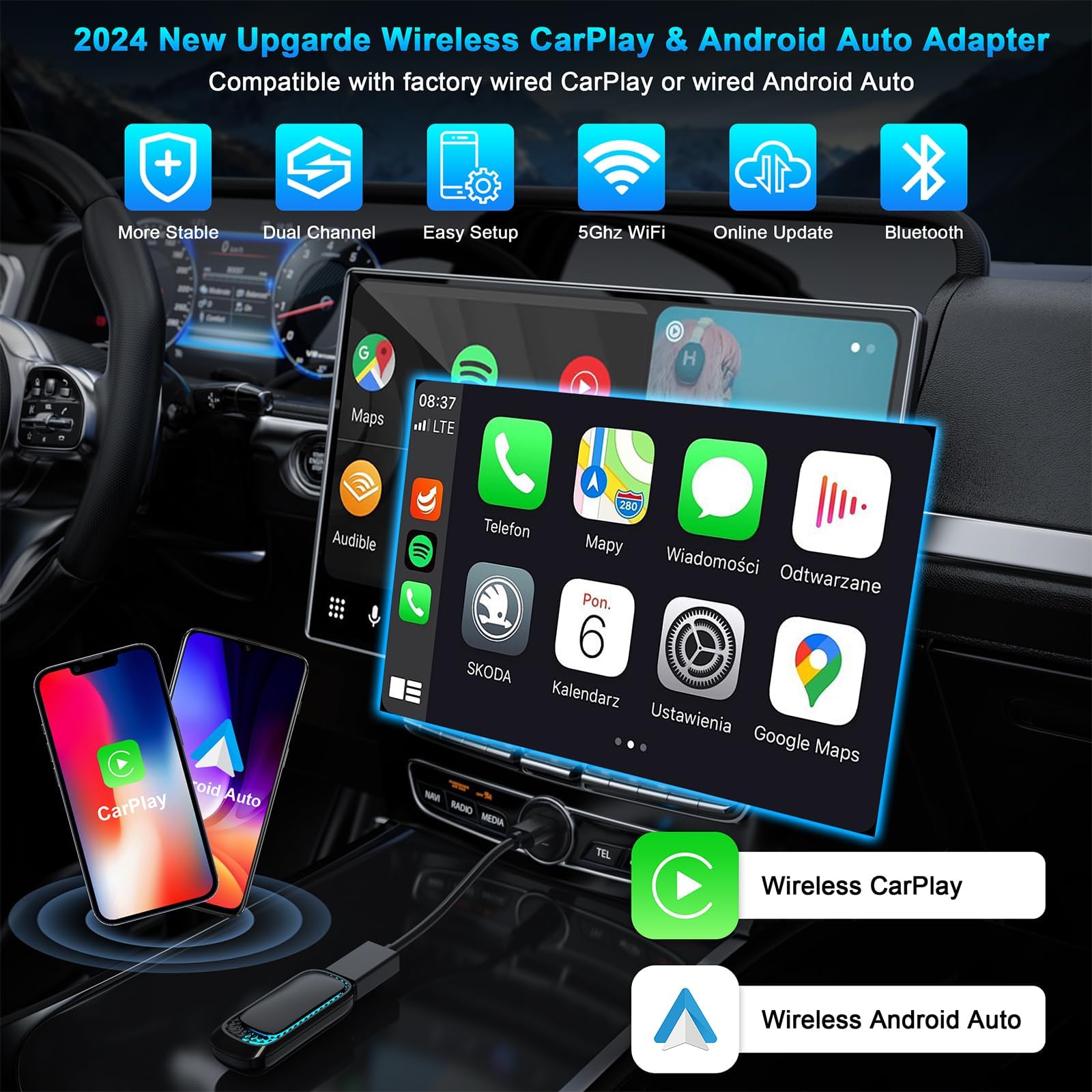 Wireless CarPlay & Android Auto Adapter for iPhone - 2-in-1 Auto Connect Dongle with Thermal Vent Design for Factory Wired Cars | Perfect for Commuting, Road Trips & Hands-Free Driving