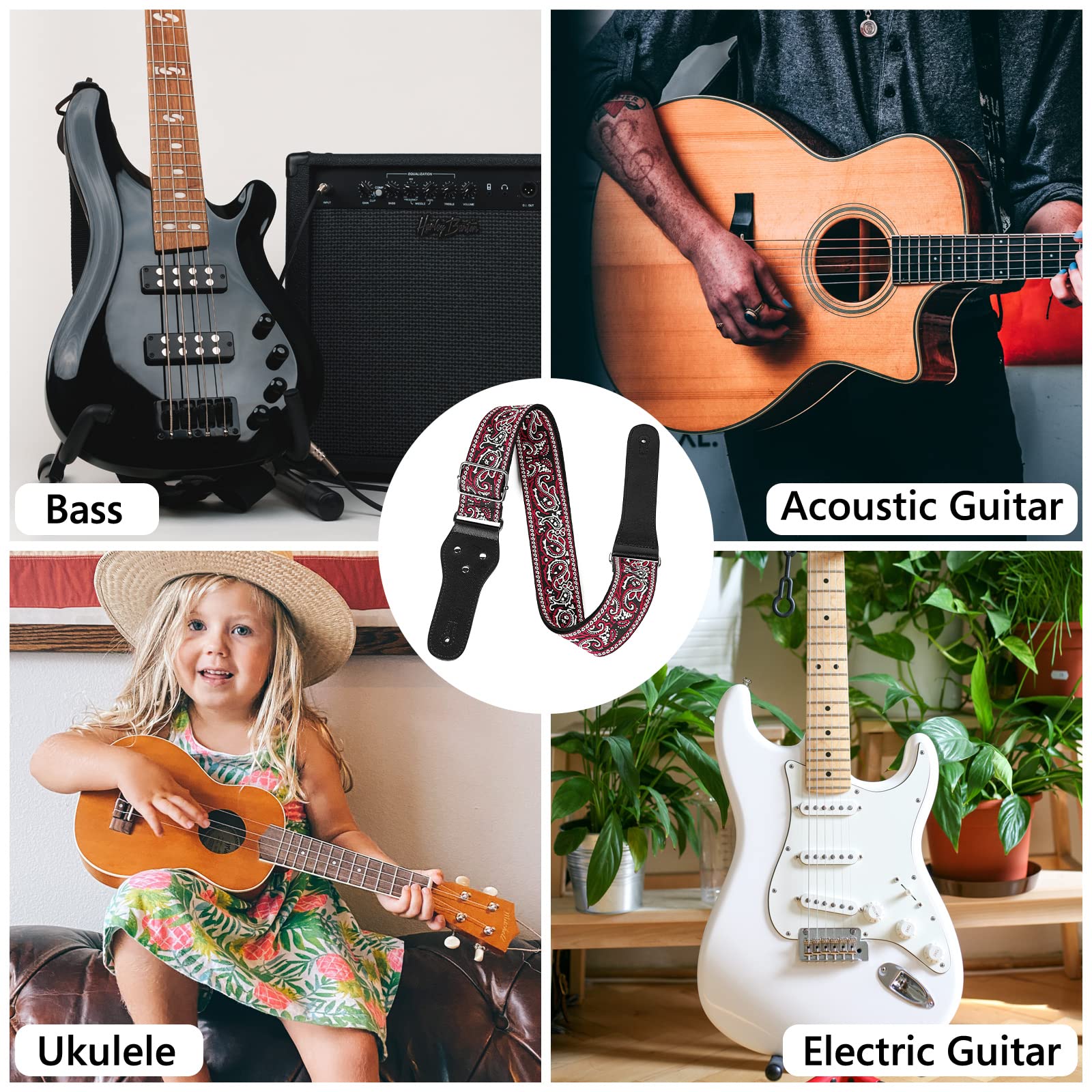 Premium Musiin Guitar Strap - Classic Pattern Adjustable Strap for Bass, Electric & Acoustic Guitars (Black & Red) | Comfortable & Durable for Live Performances, Studio Sessions & Practice