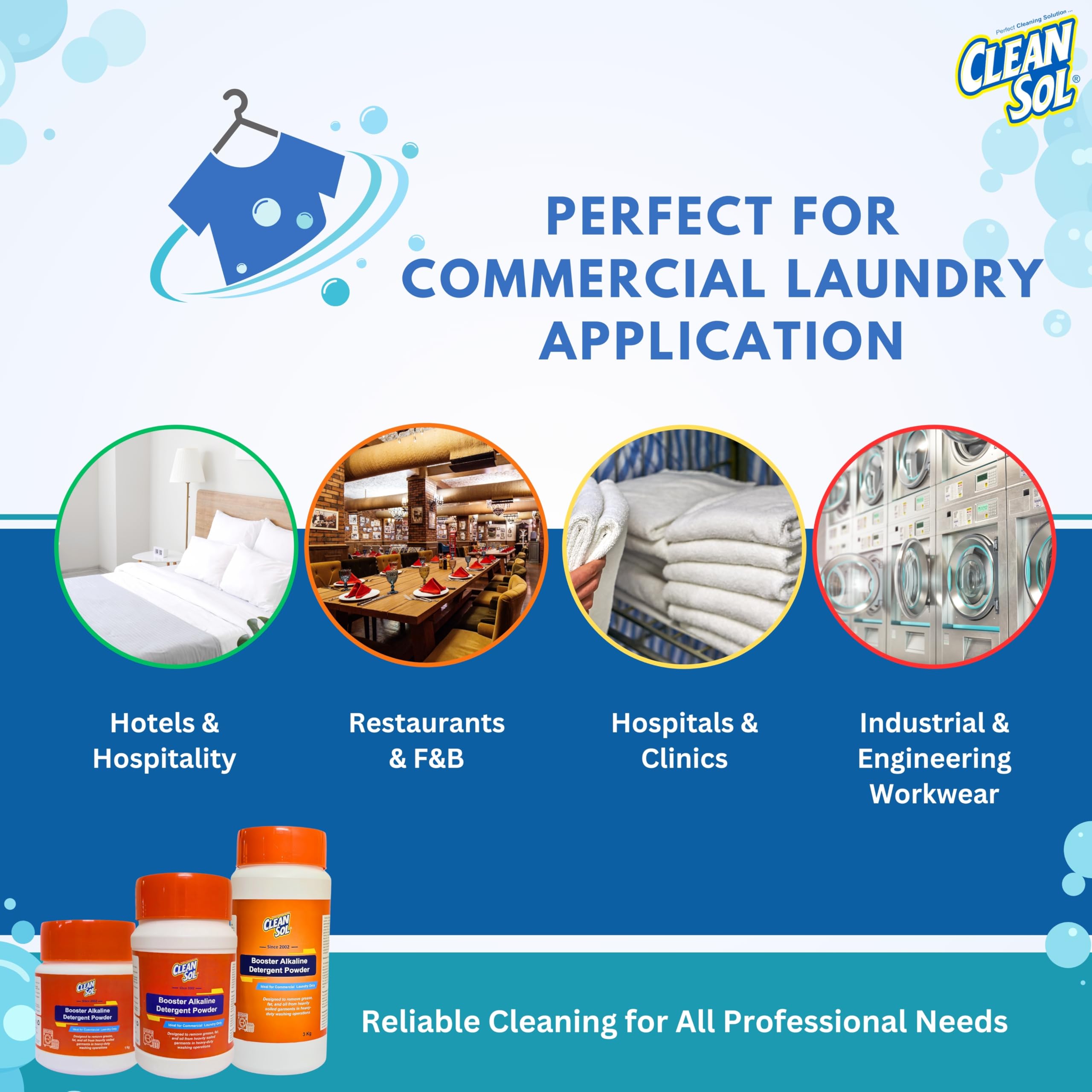 Cleansol Laundry Booster Detergent Powder - Heavy Duty Commercial Fabric Cleaner for Tough Stains & Deep Cleaning - 1Kg - Perfect for Hotels, Restaurants, and Healthcare Facilities