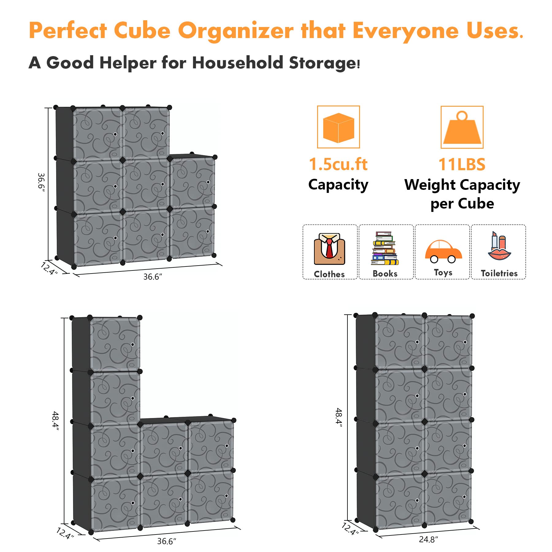 C&AHOME 8-Cube Storage Organizer with Doors - DIY Plastic Modular Bookshelf & Closet Cabinet, 24.8