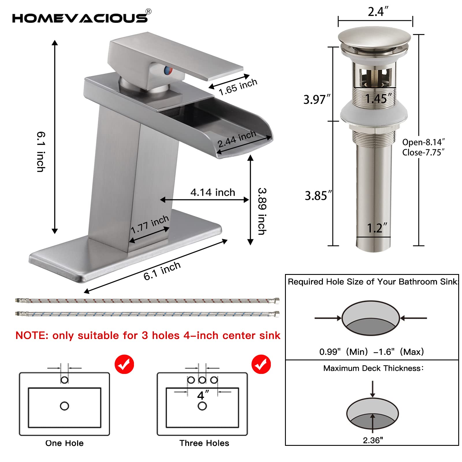 Homevacious Brushed Nickel Waterfall Bathroom Faucet - Single Handle Vanity Sink Faucet with Pop-Up Drain & Deck Plate, Modern Single Hole Lavatory Basin Mixer Tap for Home & Commercial Use - Perfect for Bathroom Renovation & Luxury Hotel Upgrades