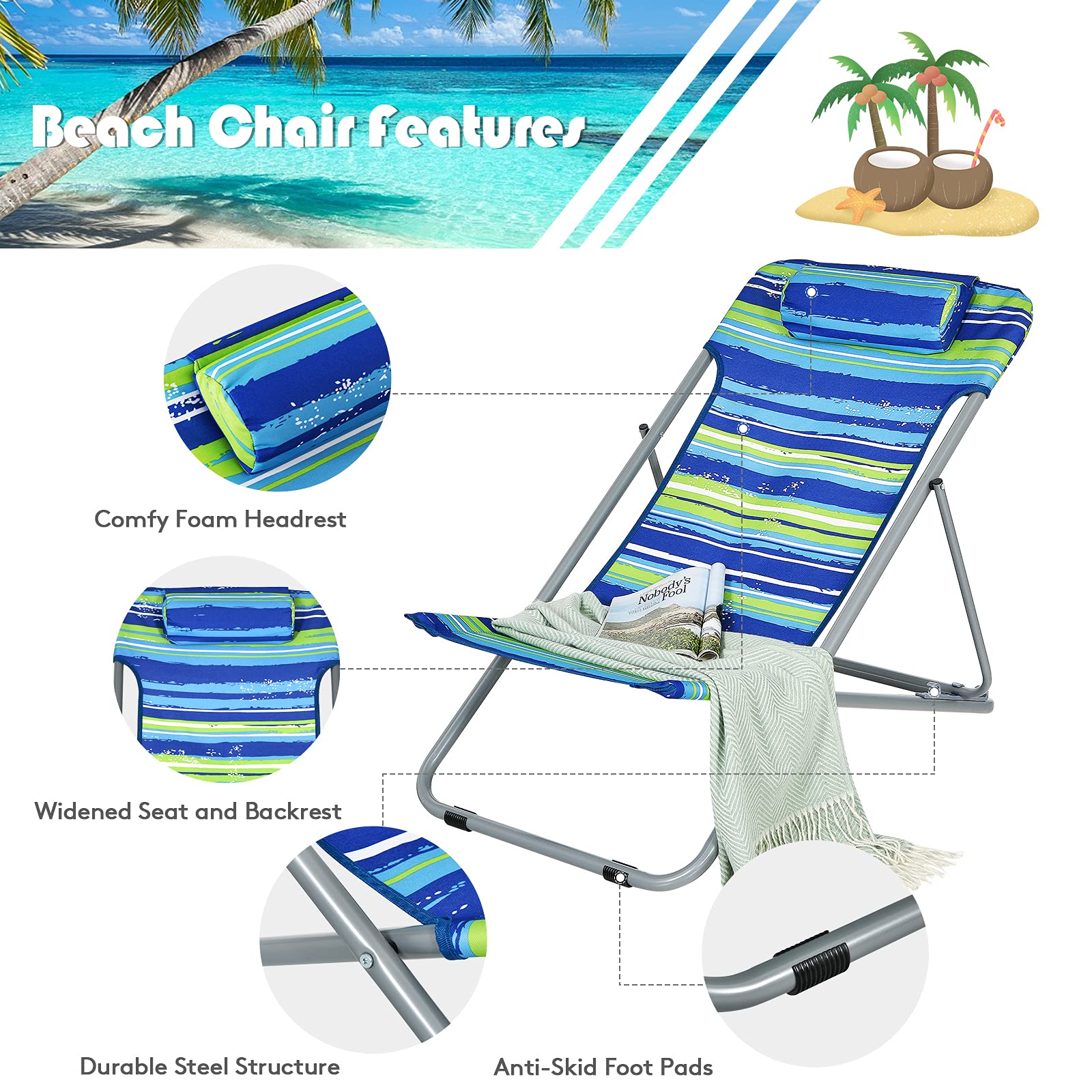 GYMAX 2-Pack Adjustable Beach Chairs for Adults - Portable Reclining Lounge Chairs with 3-Level Backrest & Removable Pillow - Lightweight Folding Camping Chairs for Beach, Poolside, Patio, Lawn, Fishing & Outdoor Relaxation (Blue) - Perfect for Summer Vacations, Backyard Lounging & Travel Adventures
