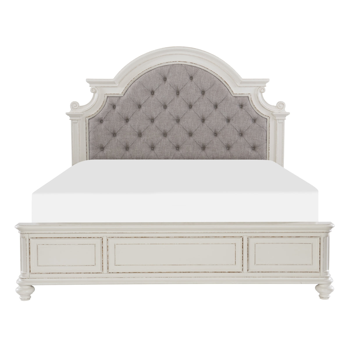 Antique White Queen Size Bed with Button Tufted Upholstered Headboard - Elegant Bedroom Furniture for Master Suite, Guest Room & Luxury Home Decor