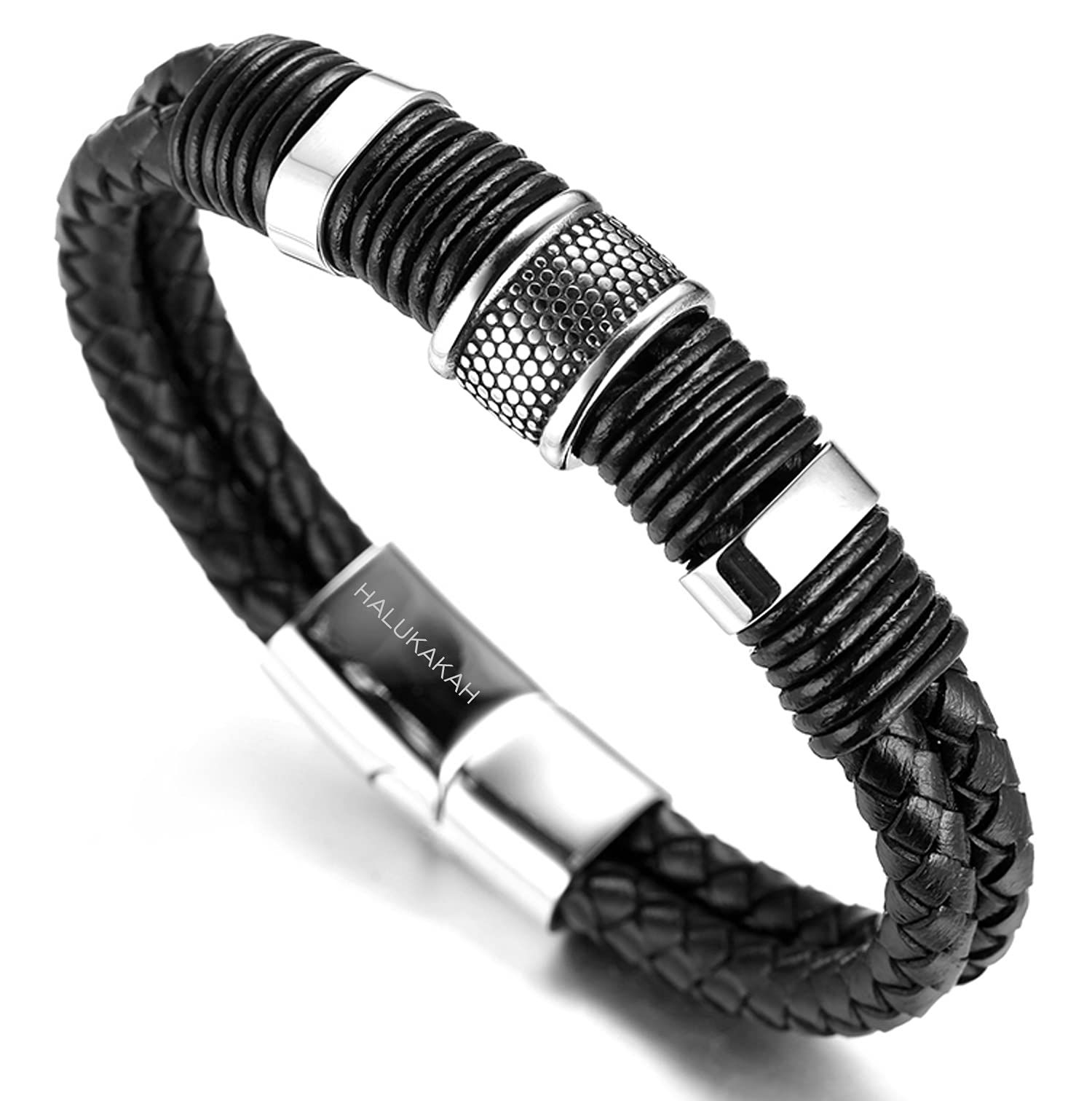 HALUKAKAH Boys Leather Bracelet - Genuine Cowhide Leather with 18k Gold/Platinum Plated Titanium Beads - Adjustable Magnetic Clasp (18-19.5cm) - Perfect Gift for Kids 6-12 Years - Ideal for Birthdays, Christmas & Special Occasions