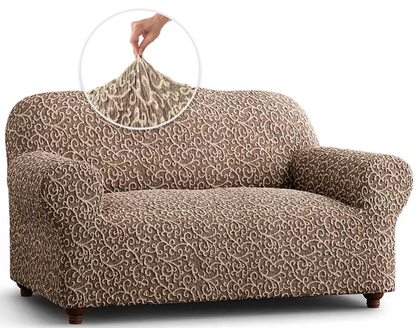 PAULATO BY GA.I.CO. Stretch Loveseat Slipcover - Oversized Chair Cover, Sofa Protector - Washable Jacquard 3D Fabric - Brown Arabesco Design - Perfect for Living Room, Apartment & Home Decor