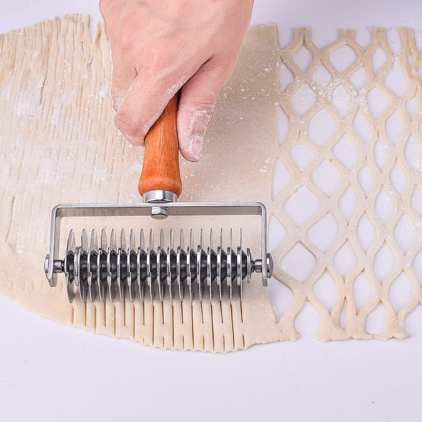Stainless Steel Dough Lattice Cutter with Wooden Handle - Cookie Baking Tool, Bread Net Knife, Pastry Crust Roller for Homemade Pizza, Cake, and Bread - Perfect for Professional Bakers and Home Baking Enthusiasts
