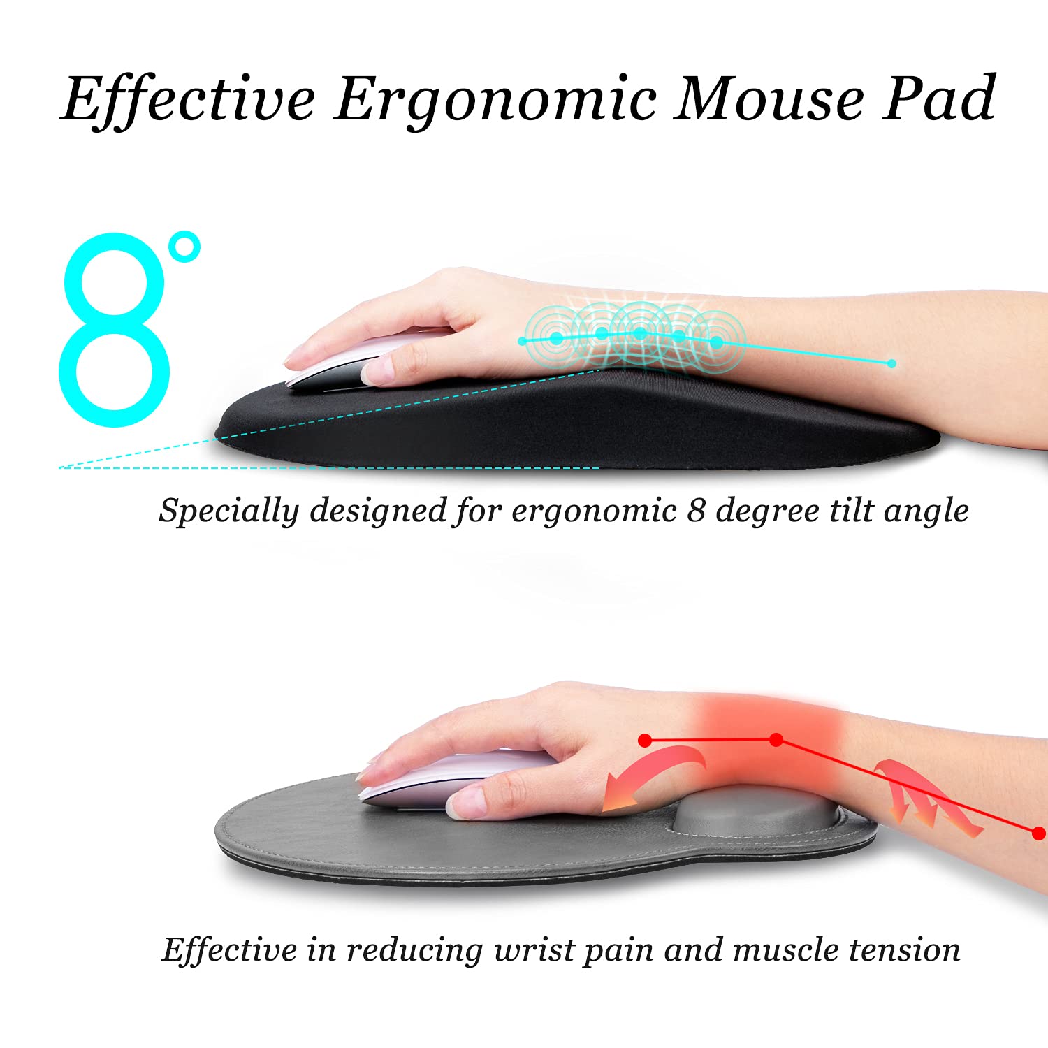 Ergonomic Mouse Pad with Wrist Support - Memory Foam Cushion & Non-Slip PU Base for Pain Relief - Comfortable Computer Mousepad for Office, Home, Gaming & Long Work Sessions (Black)