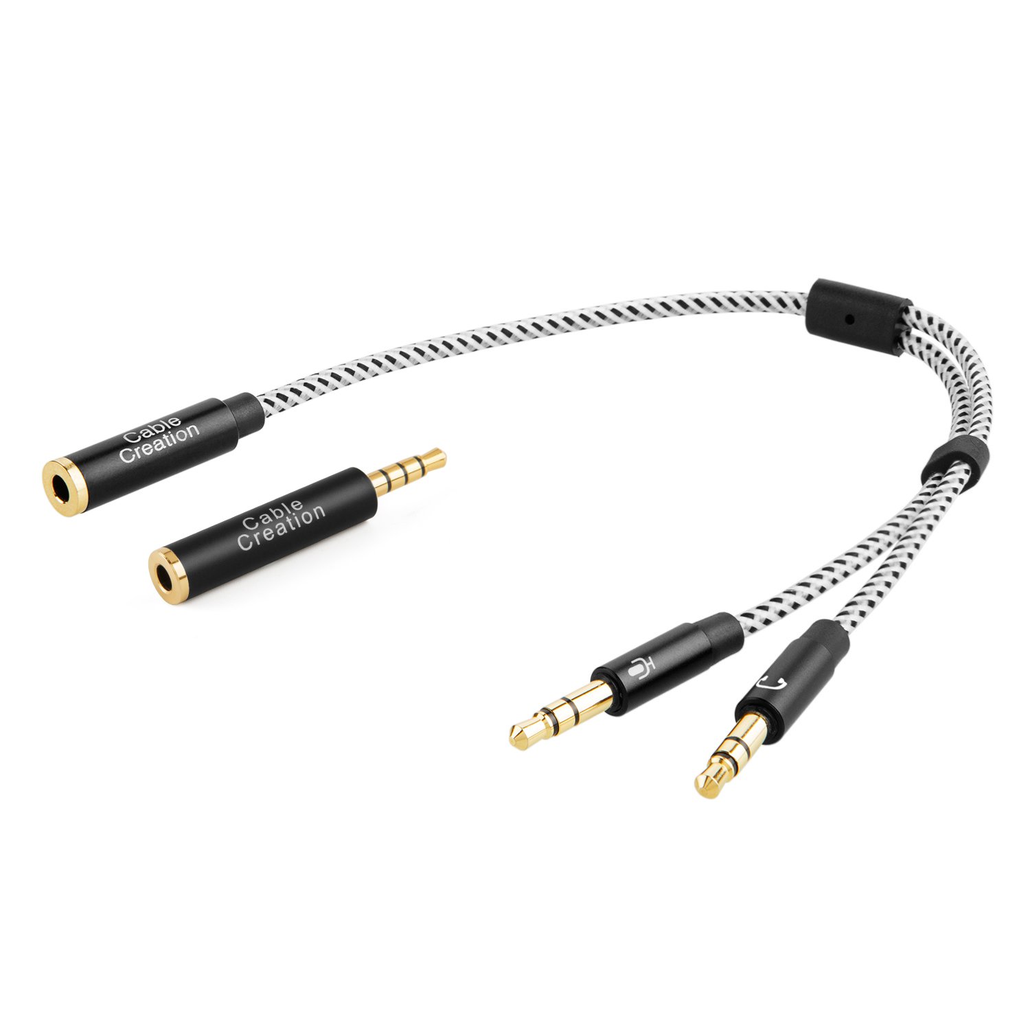 CableCreation 3.5mm Female to Dual 3.5mm Male Audio Y Splitter Cable - 0.2M Headphone Splitter with CTIA/OMTP Adapter (Black/White) - Perfect for Sharing Music, Gaming Headsets, and Dual Audio Devices