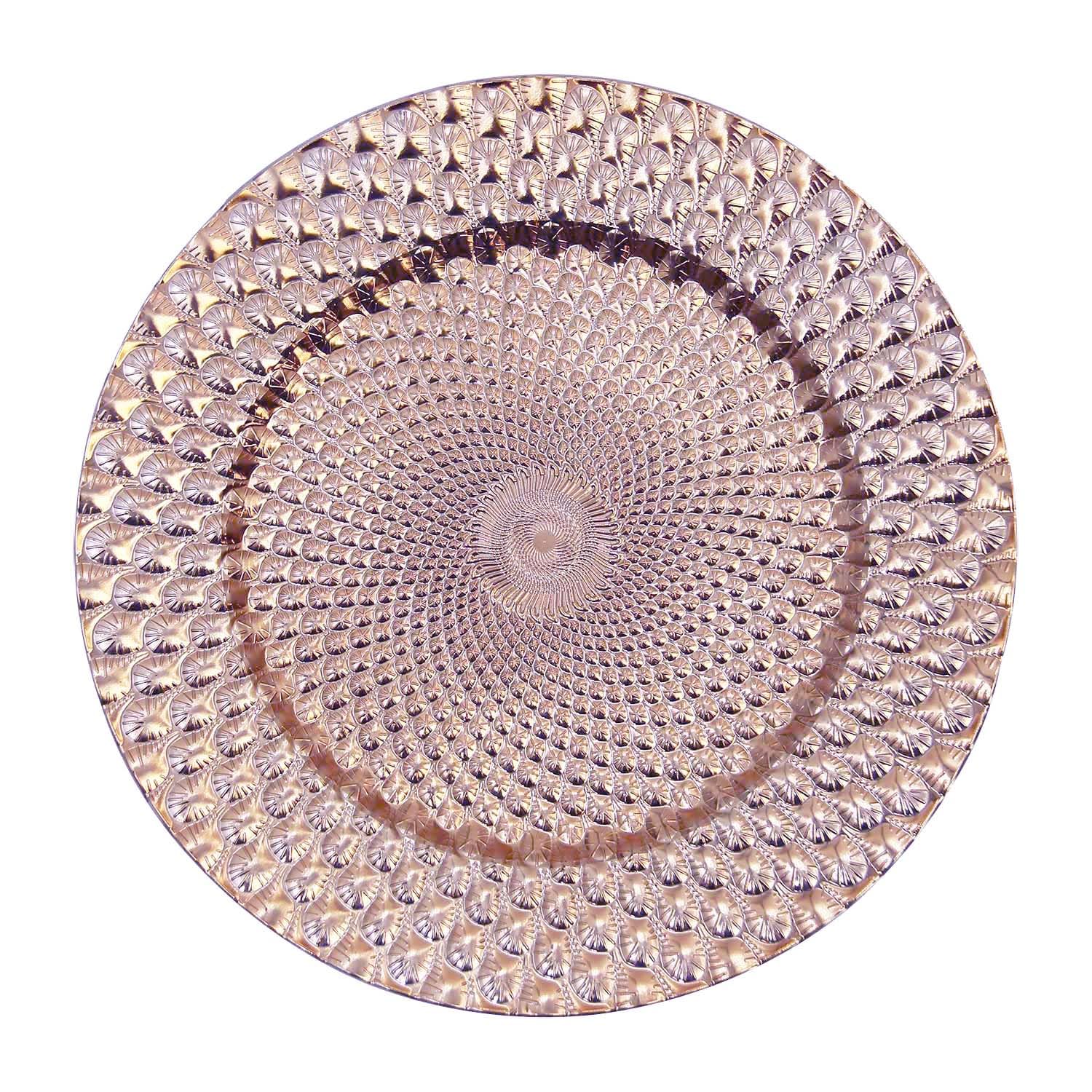 WELMATCH 12-Pack Rose Gold Plastic Peacock Charger Plates - 13 Inch Round Decorative Dinner Plates for Wedding, Party, and Special Events - Elegant Table Setting for Anniversary, Bridal Shower, and Holiday Celebrations