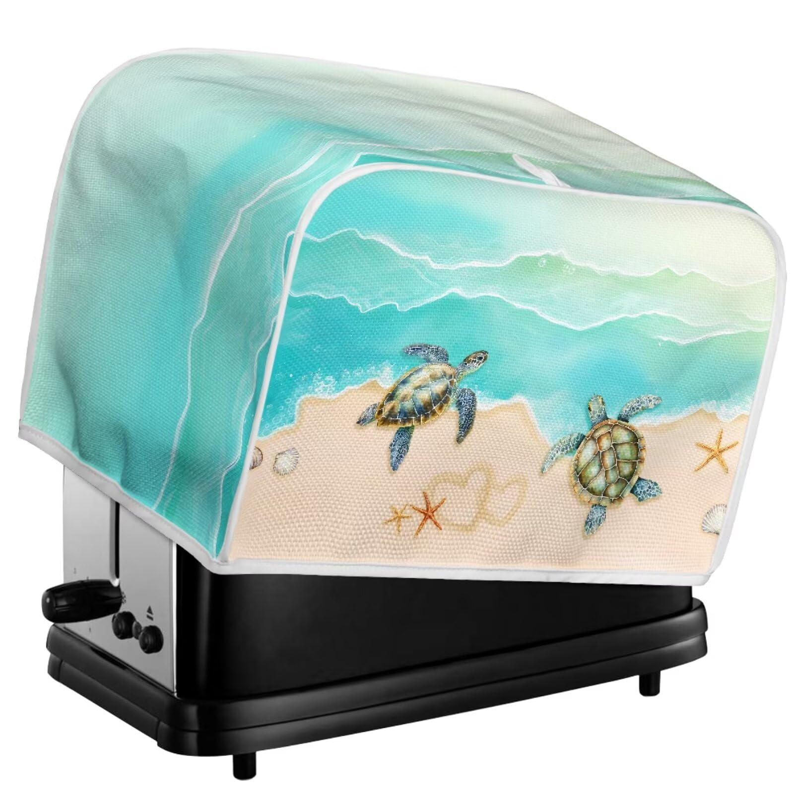 Sea Turtle Print Toaster Oven Cover - Starfish Beach Design Dust Protector for 2-Slice Toasters - Anti-Dust & Fingerproof Bread Maker Machine Cover in Green & Brown - Perfect for Kitchen, Beach House & Coastal-Themed Decor