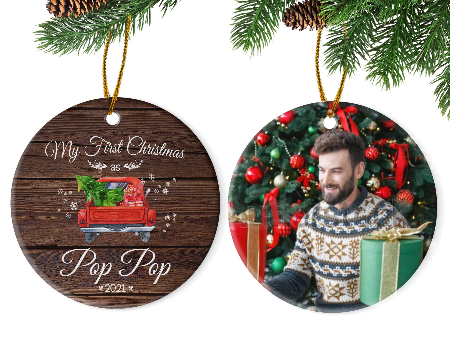 Custom Photo Christmas Ornament - Personalized 'My First Christmas As Pop Pop' 2021 Keepsake | Unique Gift for New Grandpa | Family Matching Xmas Tree Decorations | Perfect for Holiday Home Decor & Family Gift Exchanges