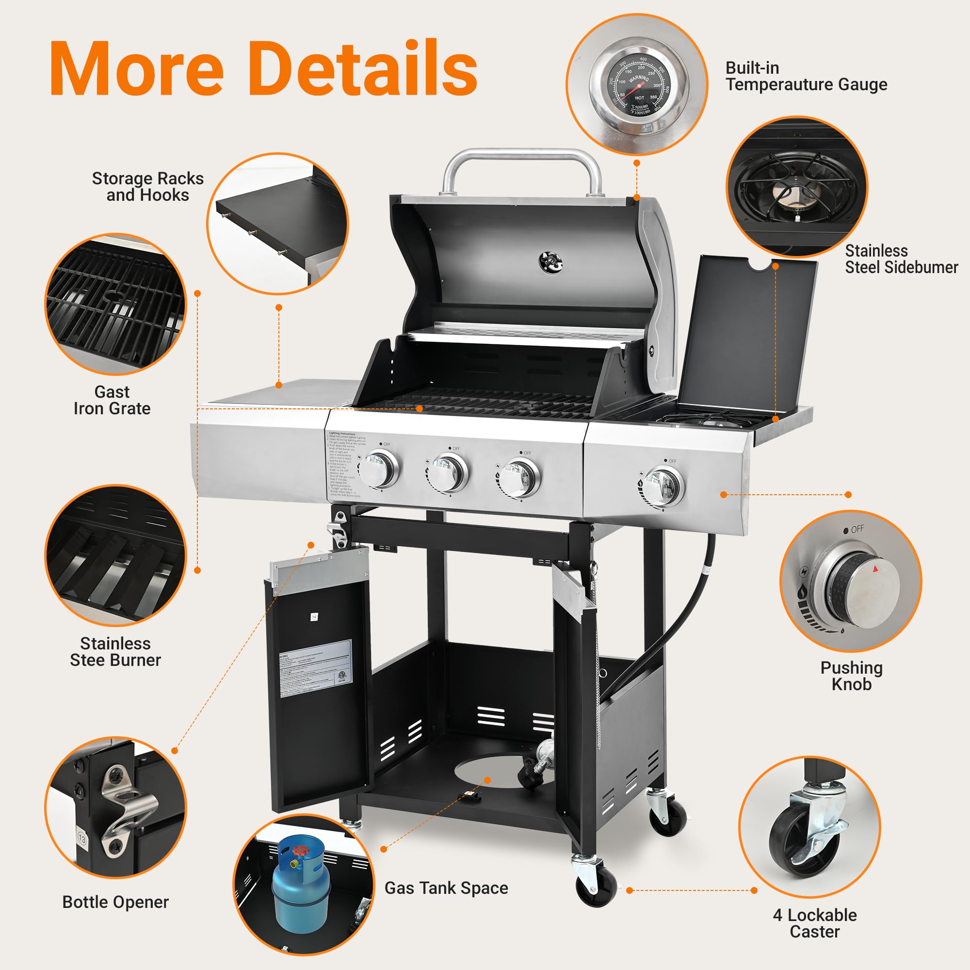 3 Burner Stainless Steel Propane Gas Grill with Side Burner & Cover - Outdoor BBQ, Backyard Cooking, Camping & Tailgating - Perfect for Patio, Garden & Picnics
