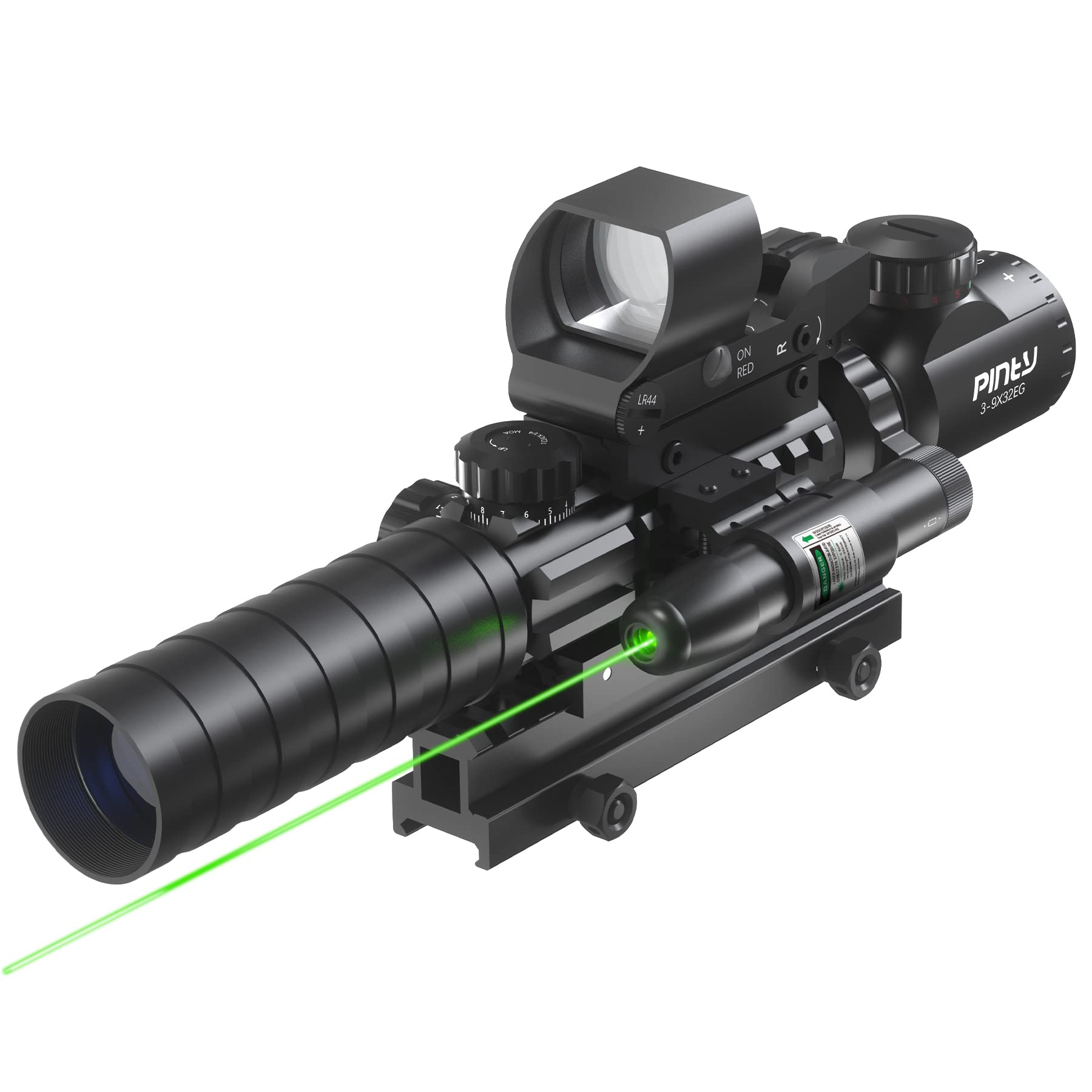 PINTY 4-in-1 Tactical Rifle Scope Combo with 3-9x32 Illuminated Hunting Scope, Red/Green Dot Sight & Laser - Picatinny Riser Mount for Hunting, Target Shooting & Home Defense