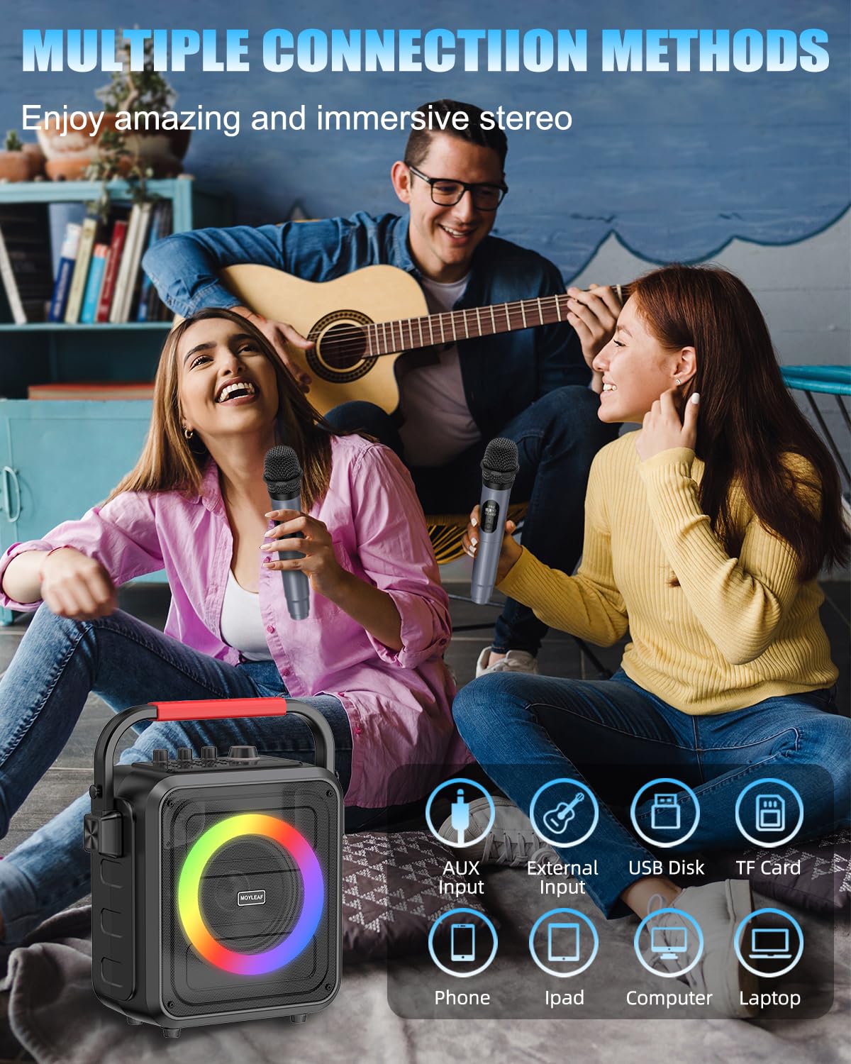 Portable Bluetooth Karaoke Machine with 2 Wireless Microphones - LED Lights, Remote Control, TF Card/USB/AUX Input, TWS & REC Function - Perfect for Family Parties, Indoor/Outdoor Singing & Entertainment