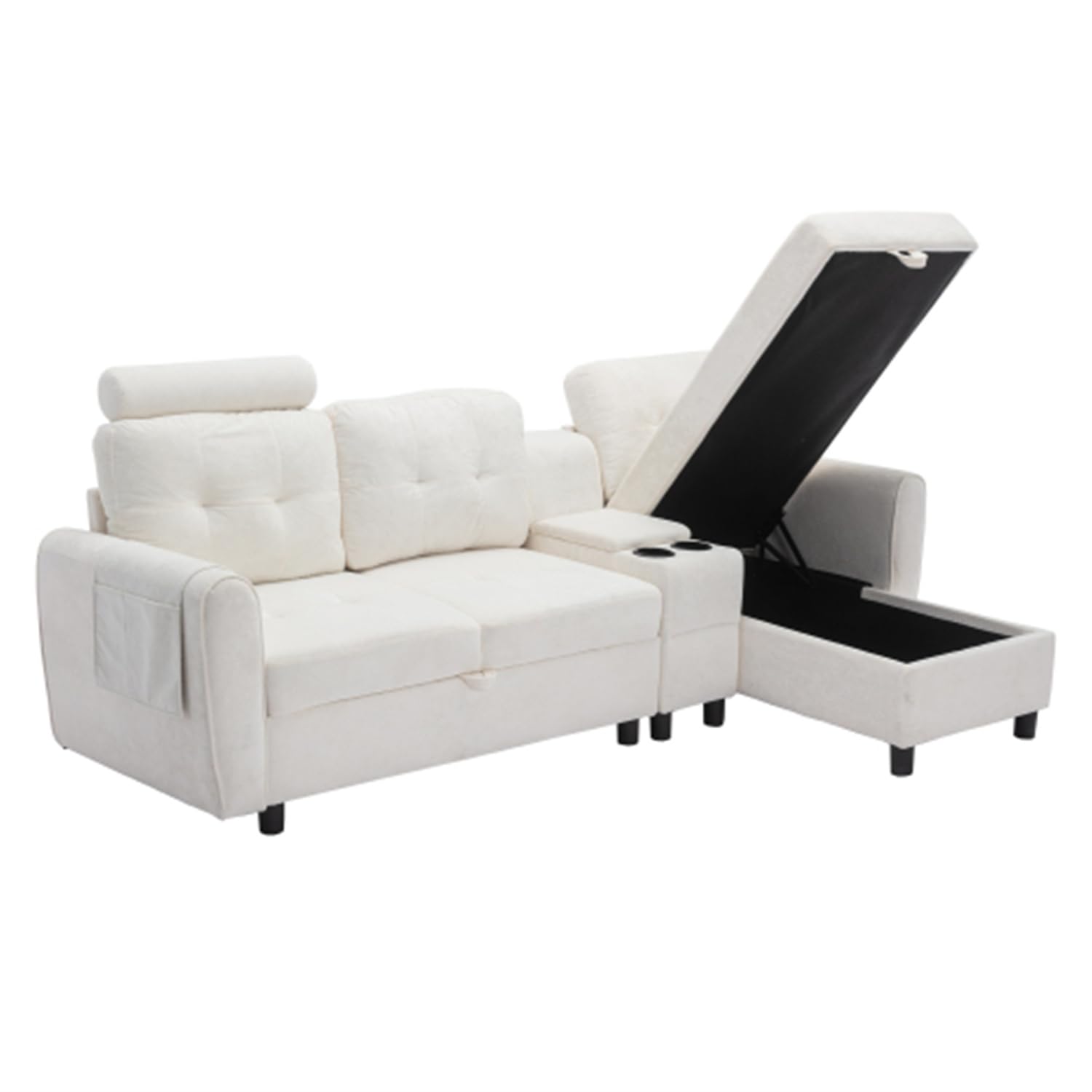 Modern L-Shaped Sectional Sofa with Storage Chaise - 3-Seater Fabric Upholstered Couch with 2 Cup Holders & Side Pockets - Cozy Living Room Furniture for Apartments, Offices & Small Spaces (White) - Perfect for Entertaining Guests or Relaxing with Family