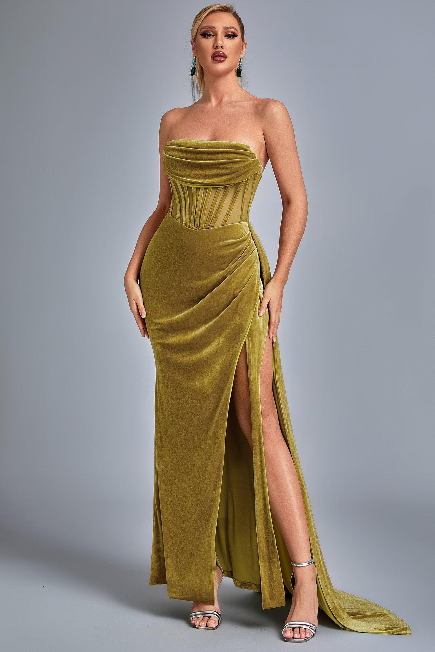 Lamva Corset Velvet Slit Maxi Dress in Yellow | Elegant Bodycon Evening Gown for Women | Perfect for Parties, Weddings & Date Nights