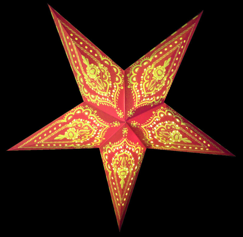 24 Pack Red on Yellow Mehandi Paper Star Lanterns - Hanging Wedding & Party Decorations for Indoor/Outdoor Events, Diwali, Christmas & Home Decor