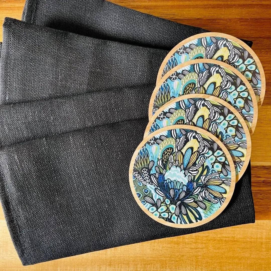 Premium Australian Wooden Coaster Set with Napkins - Handmade Proteas Design for Home, Office & Party Use