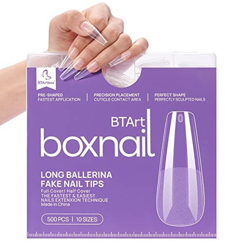 BTArtbox 500pcs Coffin Nail Tips - No E-file Needed Ballerina False Nails, Full Cover Acrylic Nail Extensions for Professional Salon & DIY Manicure (10 Sizes with Storage Case) - Perfect for Nail Art, Wedding, Party & Special Occasions