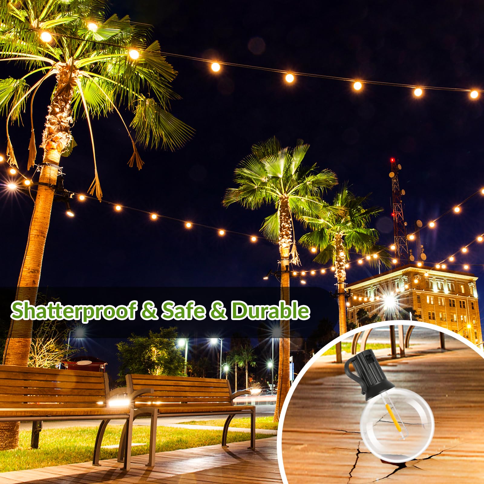 50FT Solar String Lights Outdoor Waterproof - 27 G40 Shatterproof E12 Bulbs, 2700K Warm White LED Solar Powered Lights for Patio, Garden, Backyard, Porch Decor | Perfect for Parties, Weddings & Outdoor Gatherings