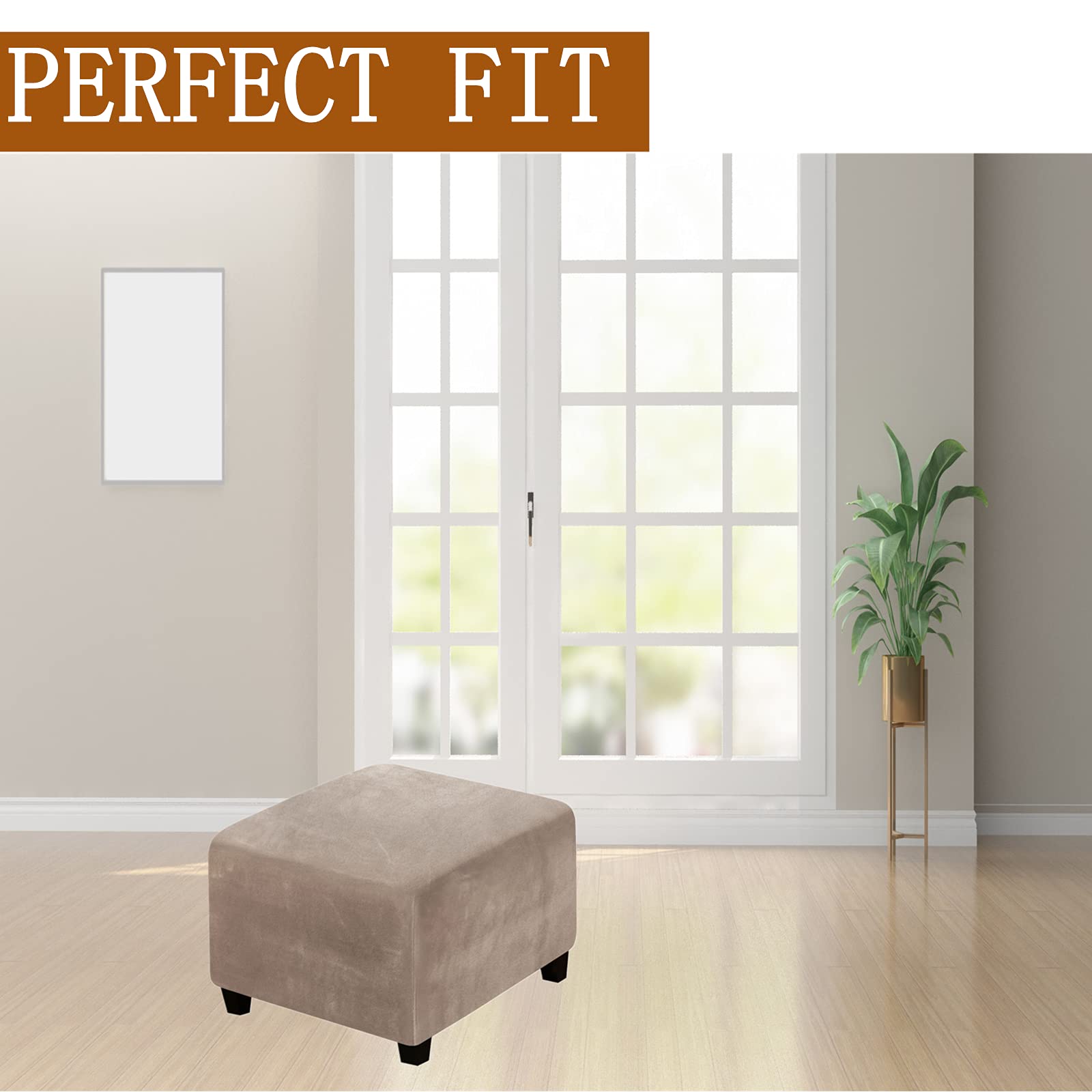Stretch Velvet Ottoman Slipcover - Square Footstool Cover with Elastic Bottom for Folding Storage Ottoman | Taupe | Perfect for Living Room, Bedroom & Home Decor