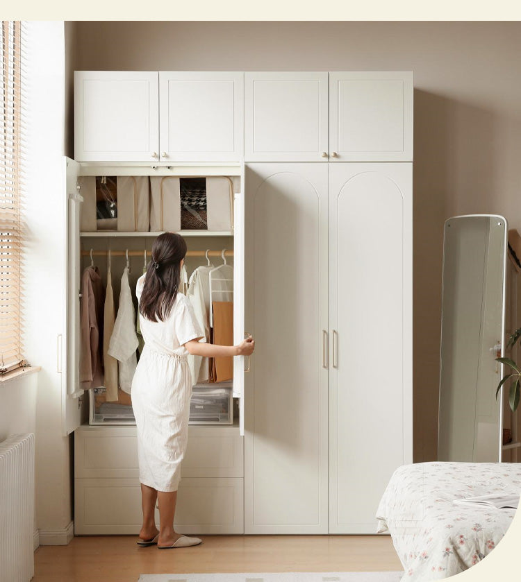 French Cream Pine Solid Wood Wardrobe - Elegant Vintage Closet for Bedroom, Living Room & Guest Room Storage