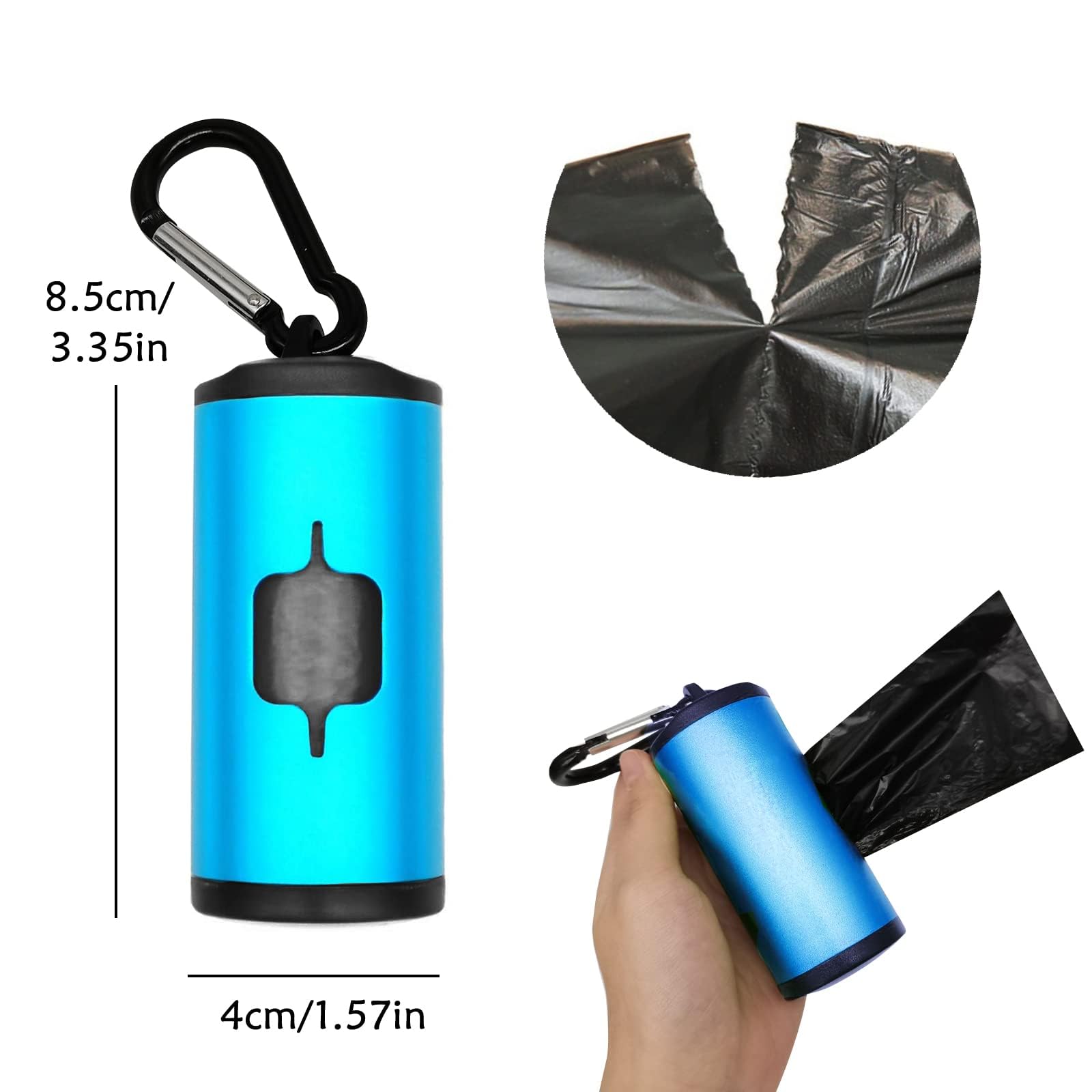 **Eco-Friendly Aluminum Dog Poop Bag Holder with Carabiner – Metal Pet Waste Dispenser with Hook & Loop Fastener & Elastic Cord – Includes 15 Bags (Blue) – Perfect for Walking, Hiking & Travel**